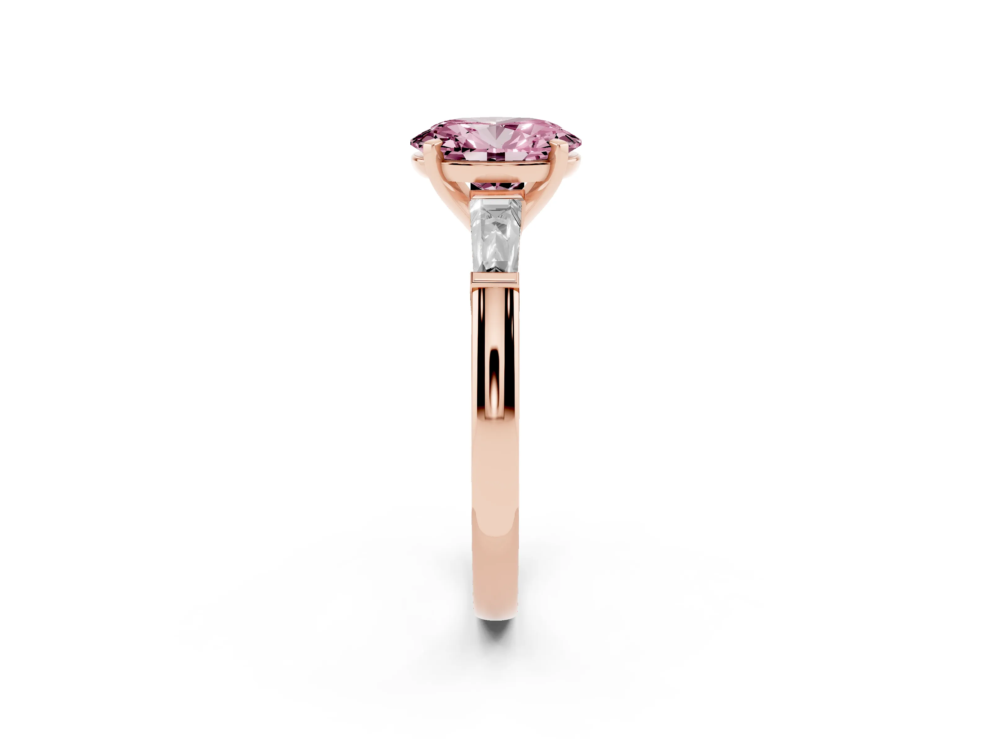 Fancy Pink Oval Cut Diamond Solitaire Ring Set in Rose gold with Tapered Baguette Side Stones and Prong Setting
