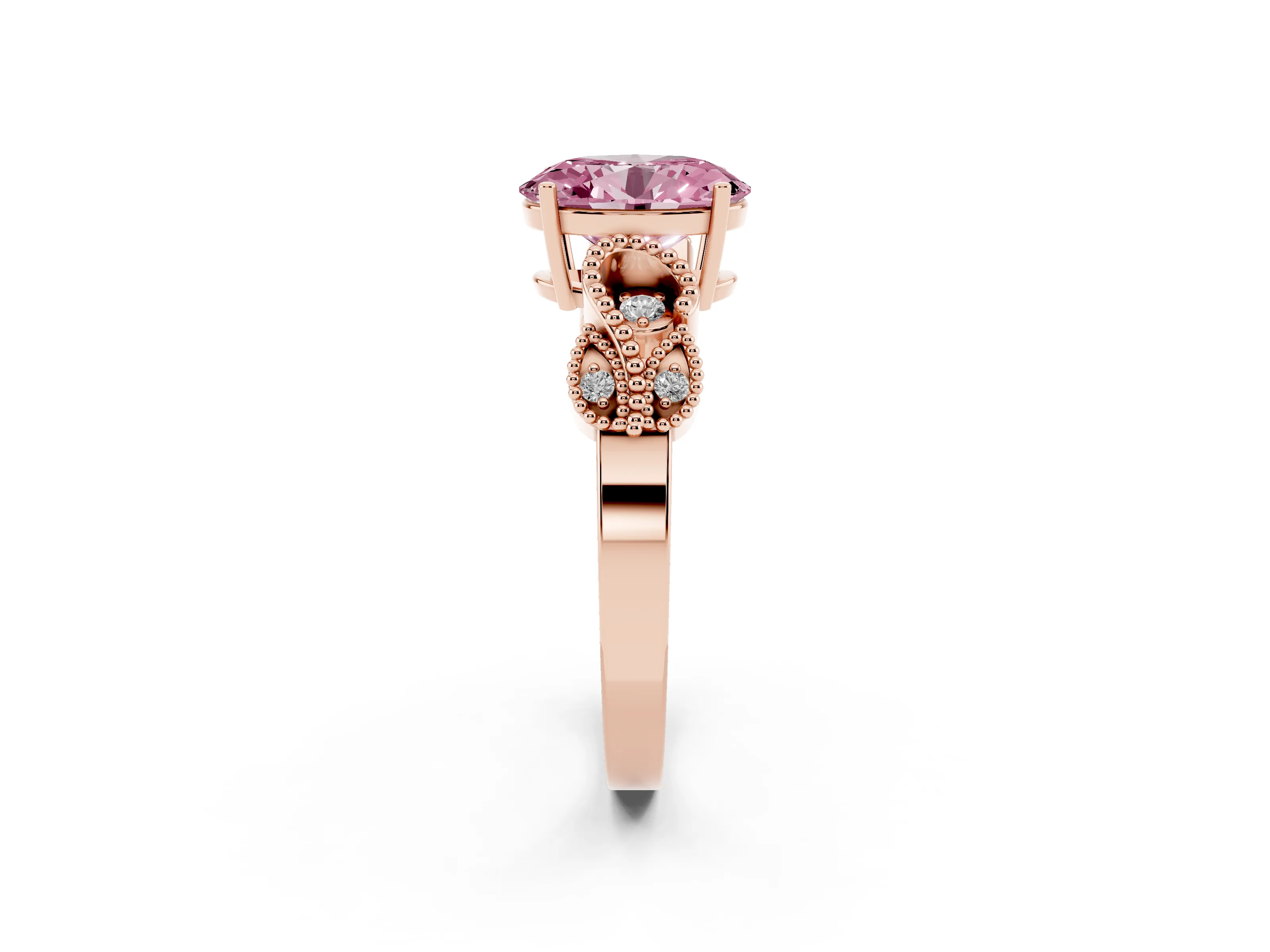 Fancy Pink Oval Cut Diamond Milgrain Leaf Band Solitaire Ring Set in Rose gold with Accent Stones and Prong Setting
