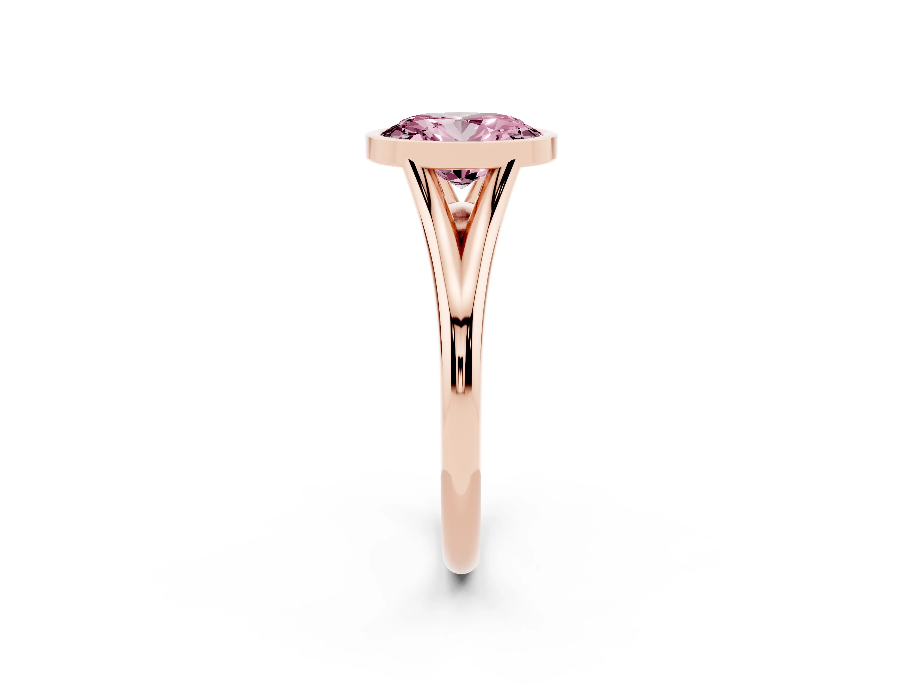 Fancy Pink Bezel Set Oval Cut Diamond Solitaire Ring Set in Rose gold with Tapered Band