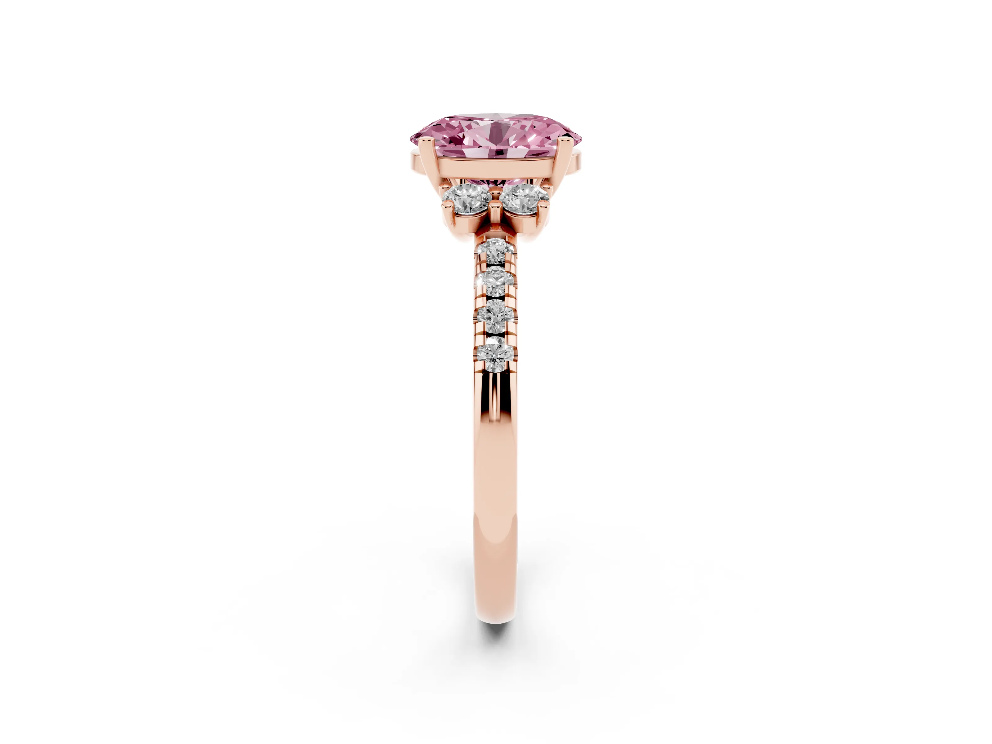 Fancy Pink Oval Cut Diamond Three-Stone Pavé Ring Set in Rose gold with Prong Setting