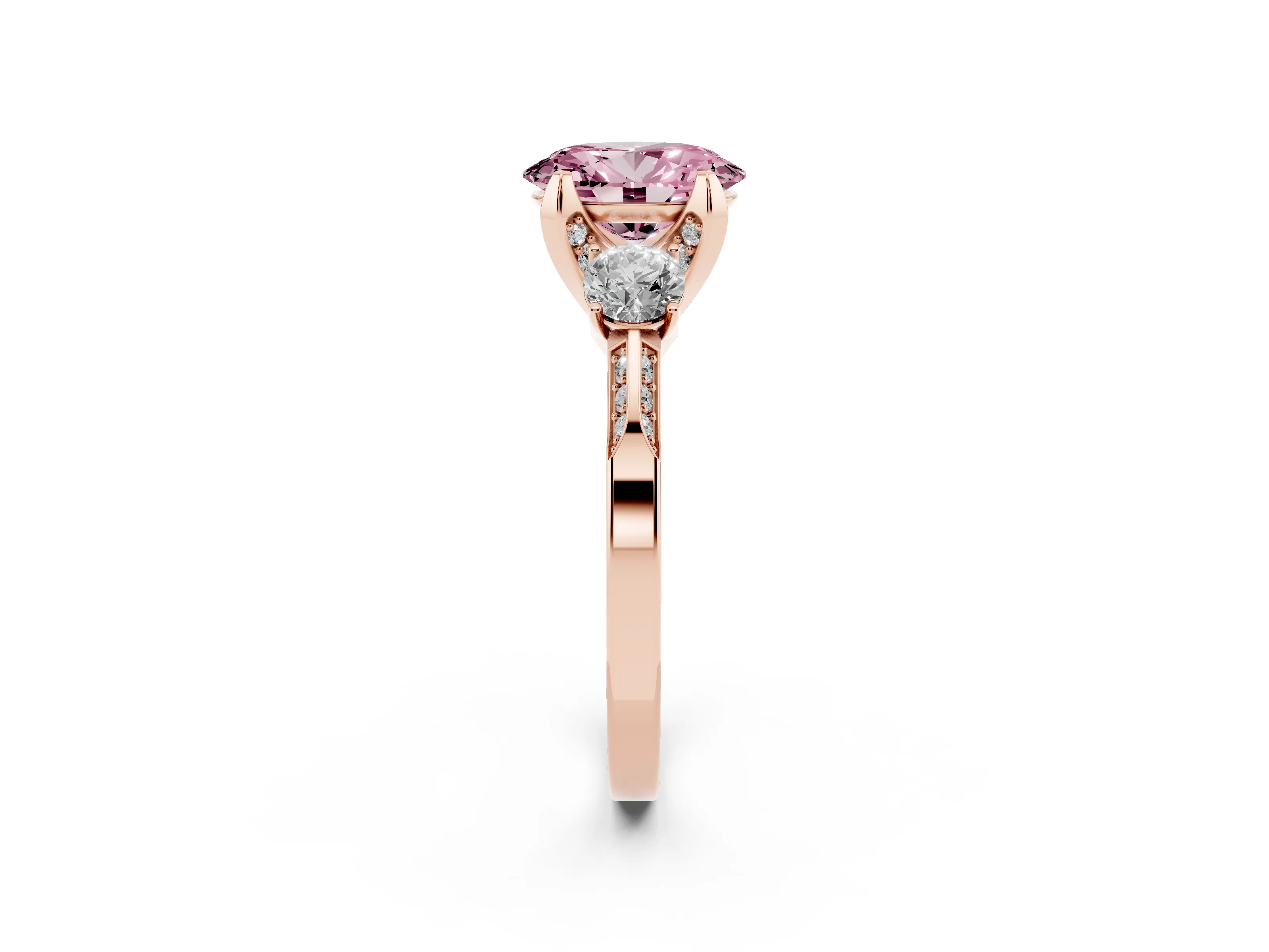 Fancy Pink Oval Cut Diamond Three-Stone Ring Set in Rose gold with Pavé Band and Smaller Side Stones