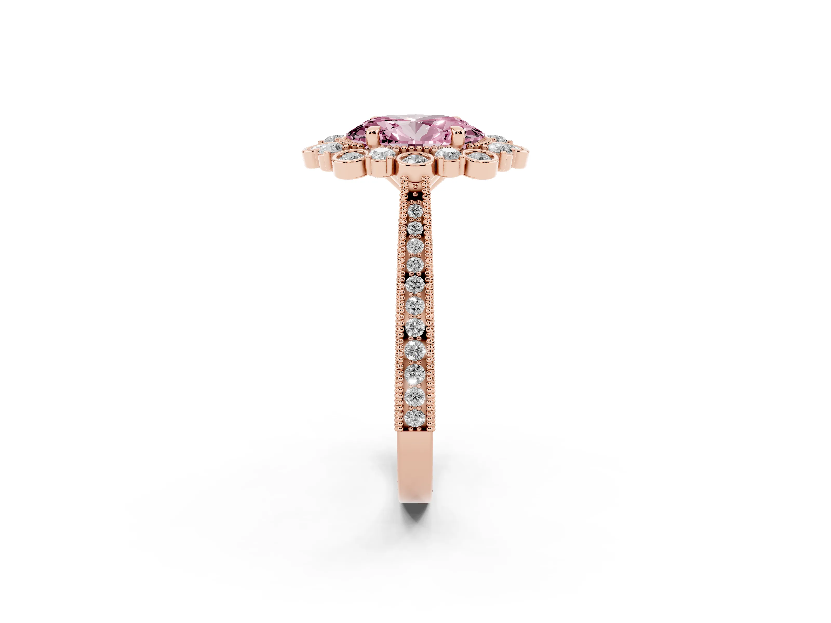 Fancy Pink Oval Cut Diamond Halo Milgrain Pavé Ring Set in Rose gold with Prong Setting
