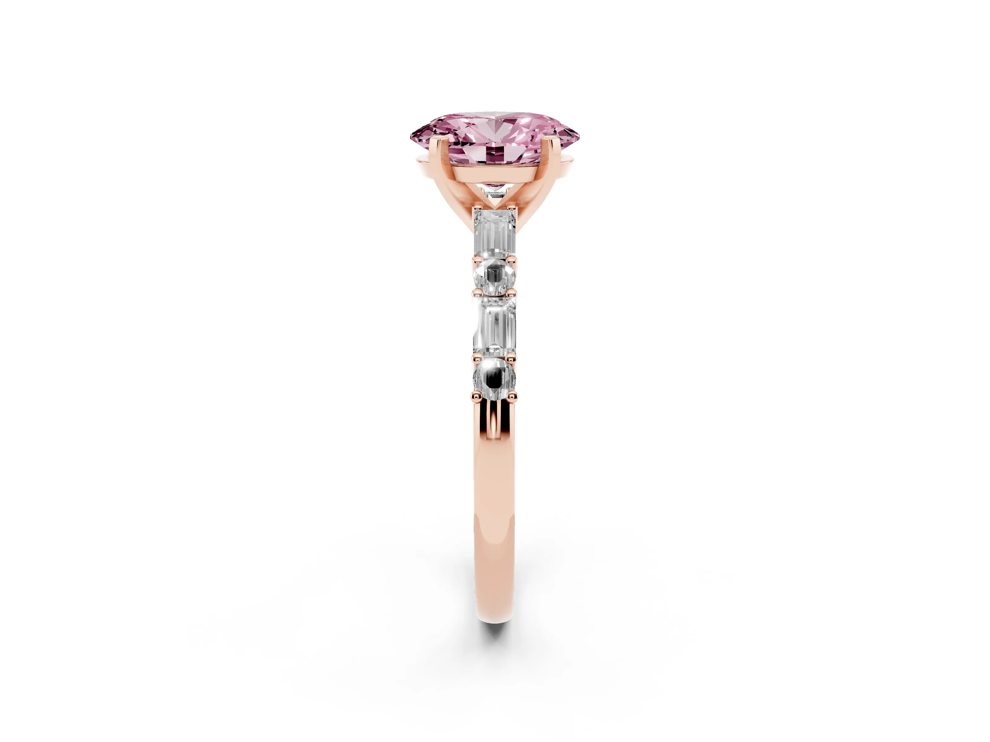 Fancy Pink Oval Cut Diamond Solitaire Set in Rose gold with Side Baguettes and Channel Set Band