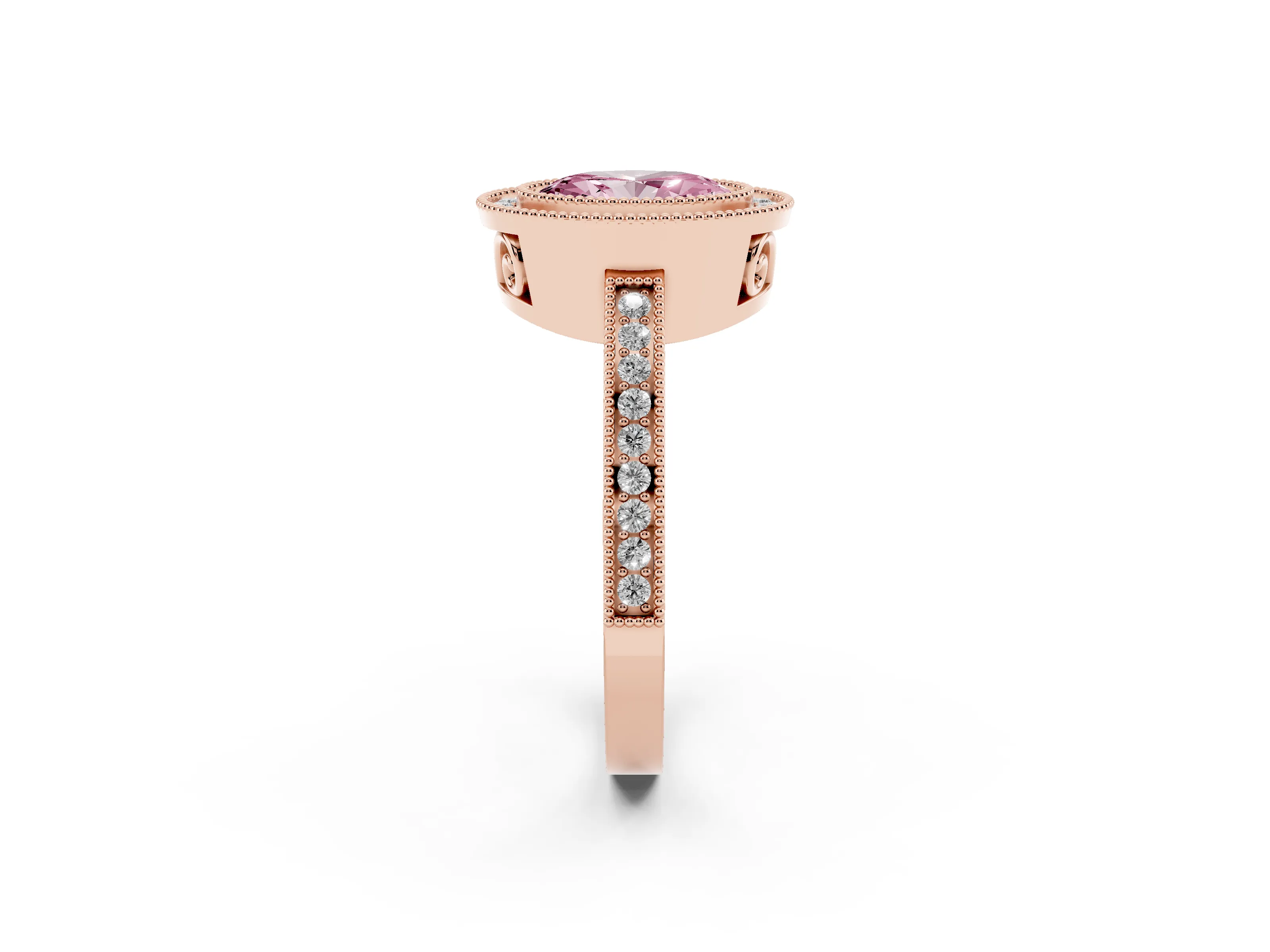 Fancy Pink Oval Cut Diamond Halo Ring Set in Rose gold with Pavé Band and Milgrain-Edged Prongs
