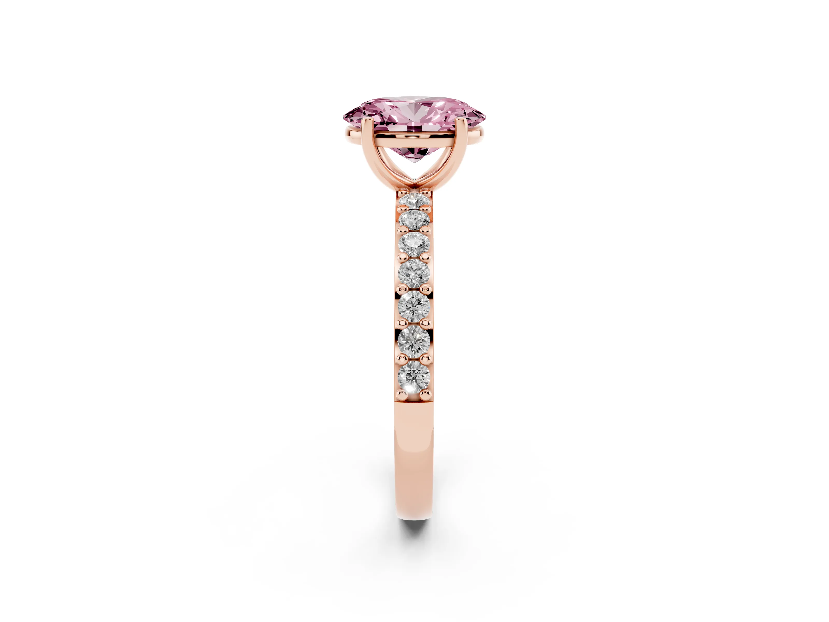 Fancy Pink Oval Cut Diamond Solitaire Set in Rose gold with Round Pavé Band and Prong Setting