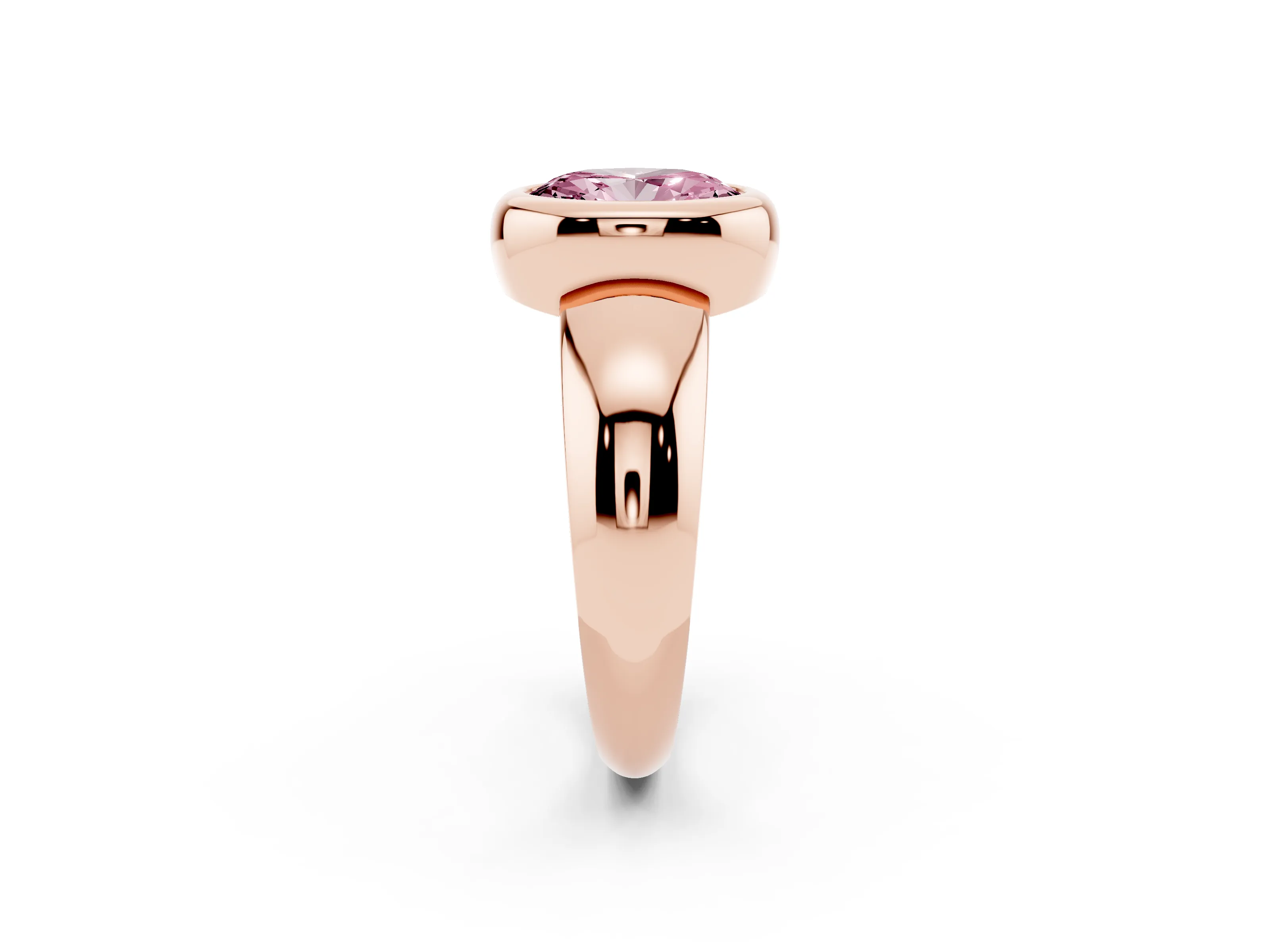 Fancy Pink Bezel Set Oval Cut Diamond Solitaire Ring Set in Rose gold with Wide Band