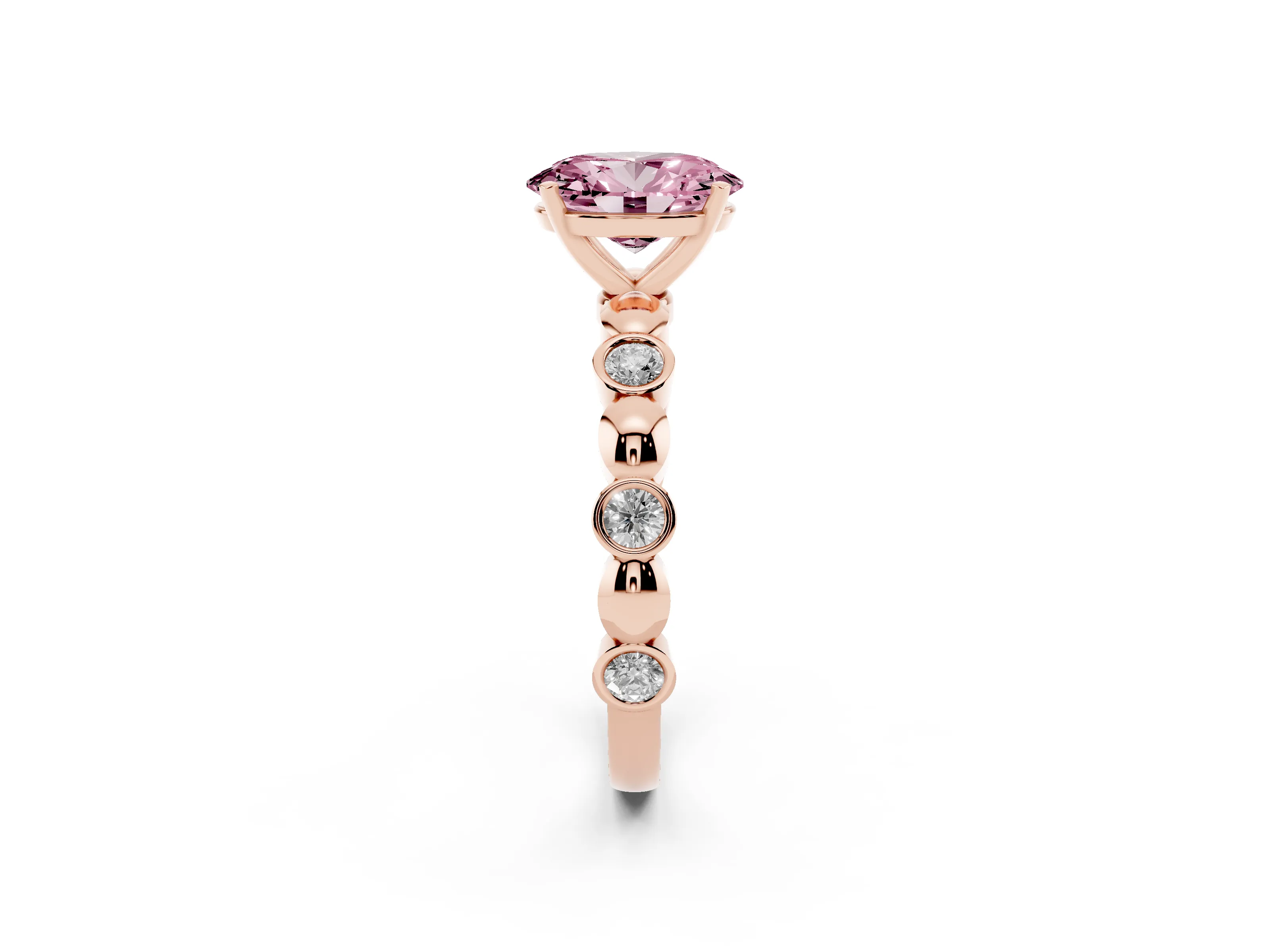 Fancy Pink Oval Cut Diamond Solitaire Ring Set in Rose gold with Bezel-Set Accents on Beaded Band and Prong Setting