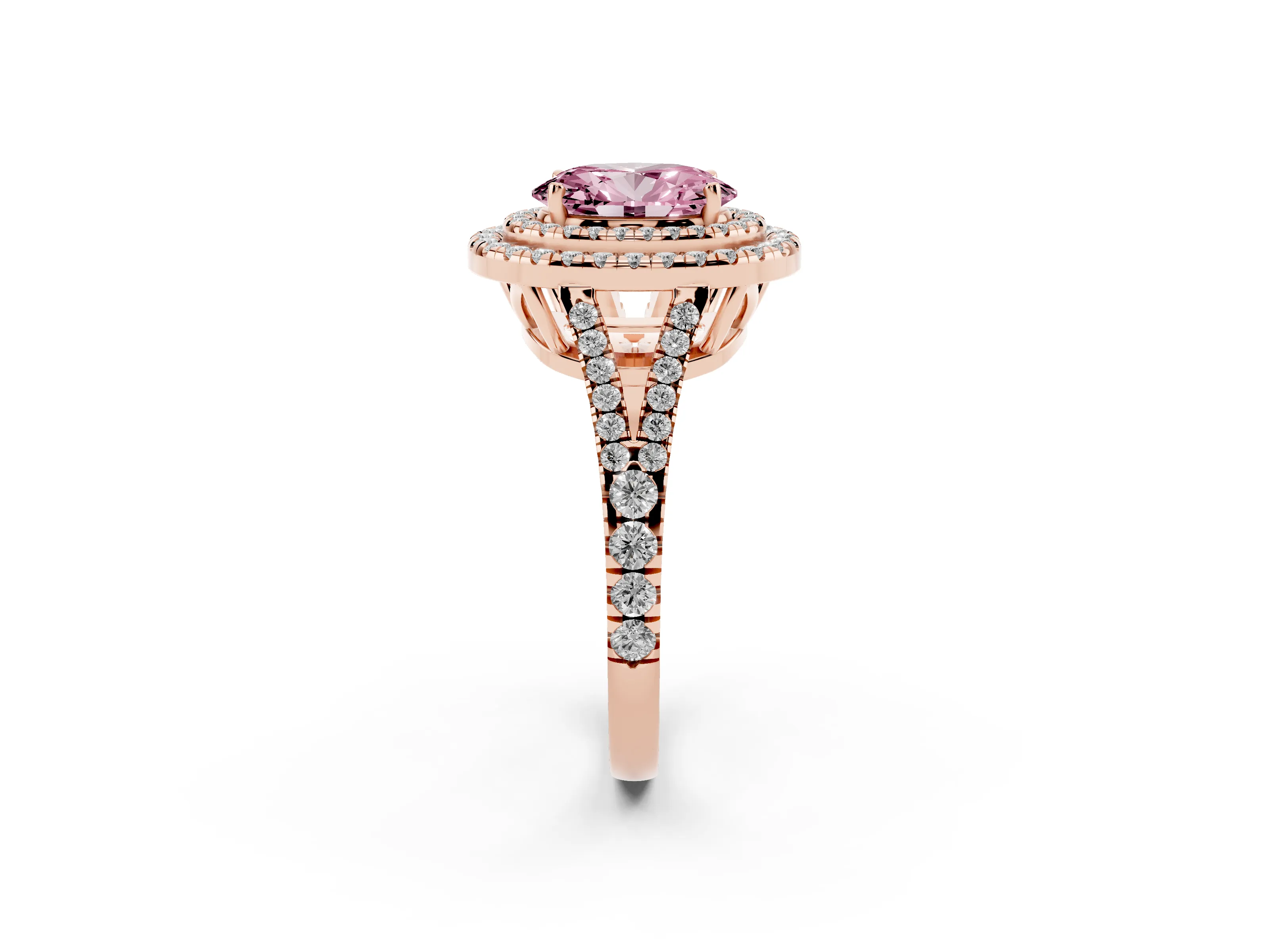Fancy Pink Oval Cut Diamond Double Halo Ring Set in Rose gold with Pavé Band