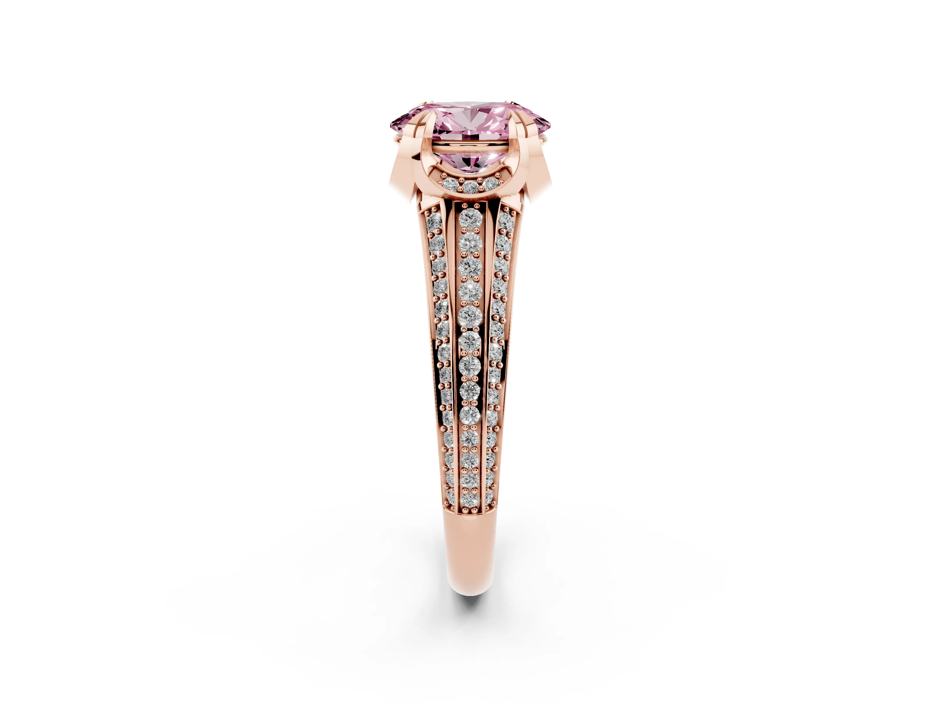 Fancy Pink Oval Cut Diamond Pavé Split Shank Solitaire Ring Set in Rose gold with Prong Setting