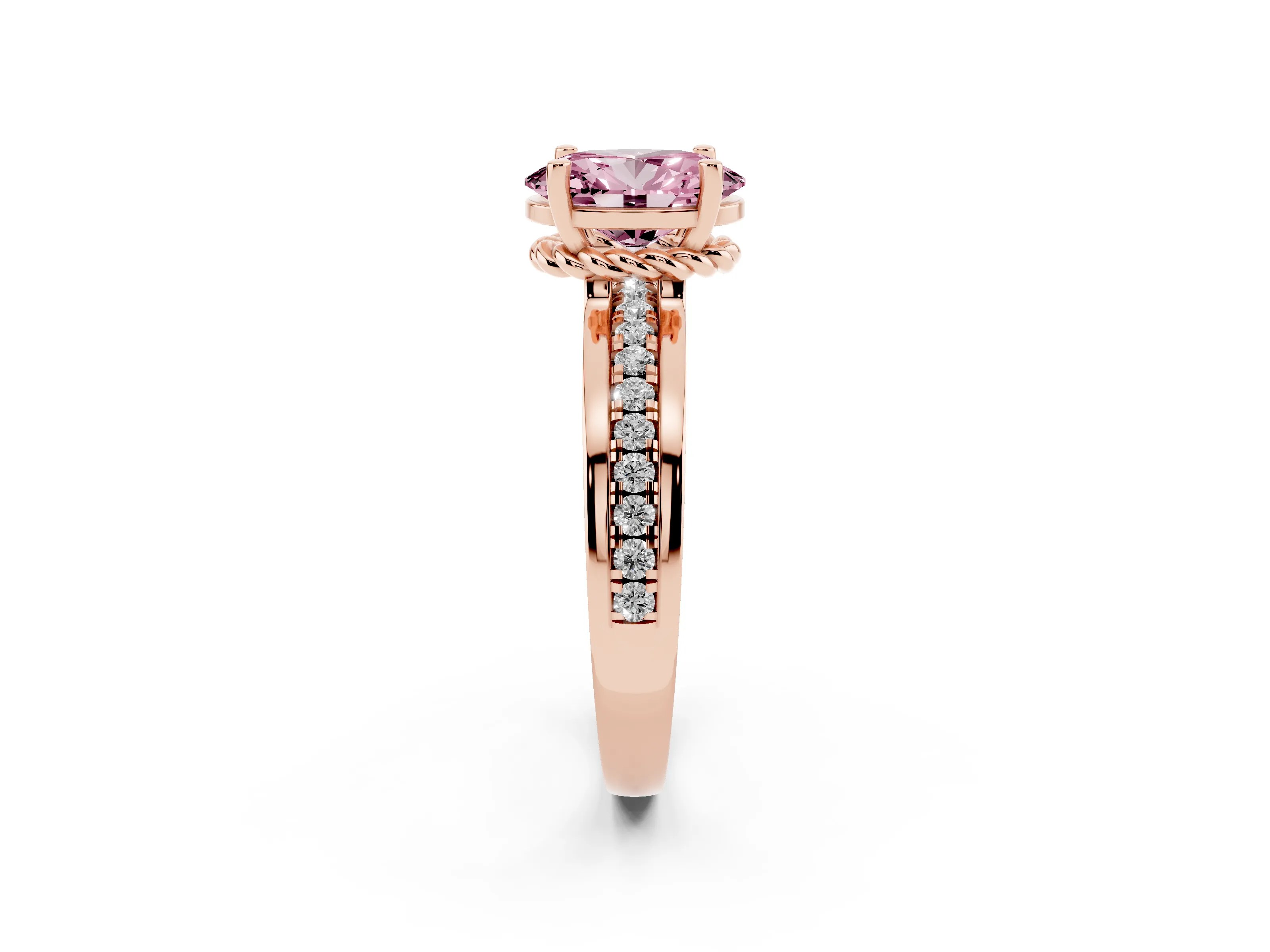 Fancy Pink Oval Cut Diamond Solitaire Ring Set in Rose gold with Channel Set Band and Prong Setting
