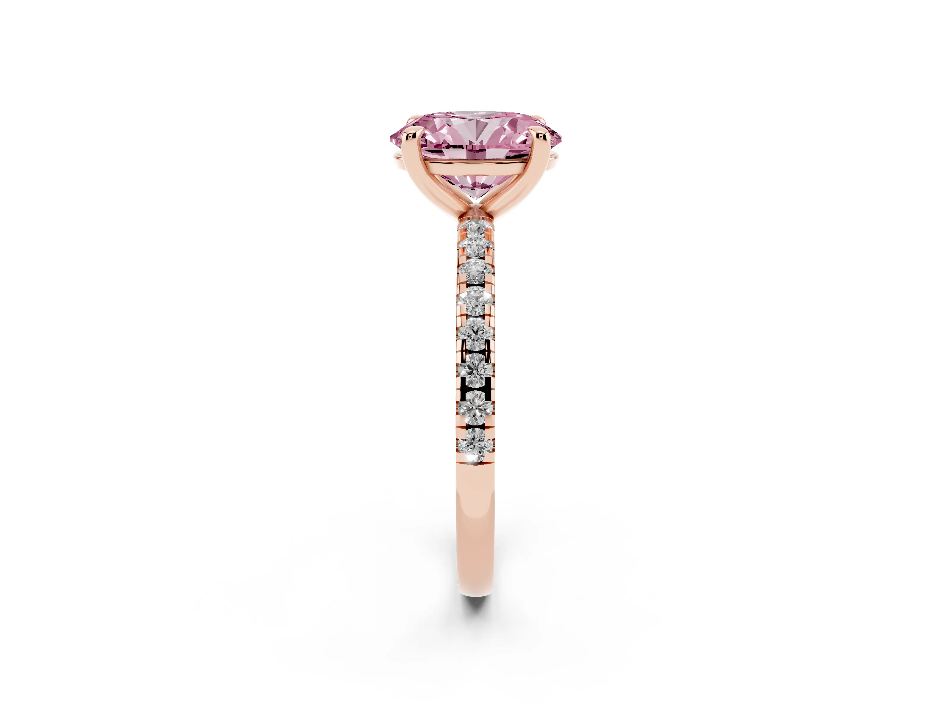 Fancy Pink Oval Cut Diamond Brilliant Solitaire Ring Set in Rose gold with Pavé Band and Prong Setting
