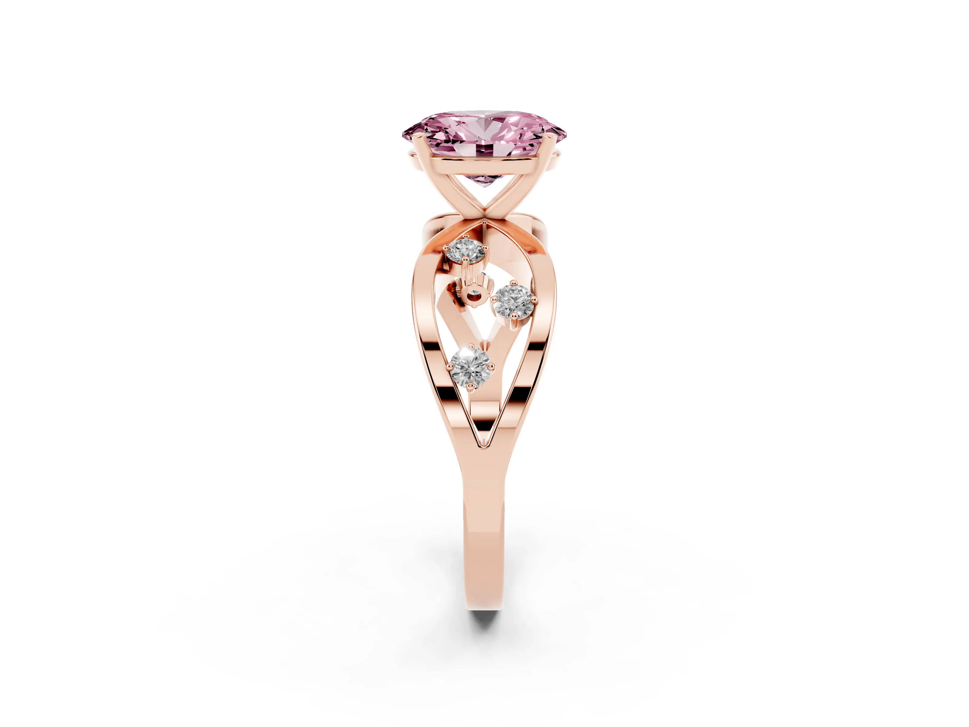 Fancy Pink Oval Cut Diamond Solitaire Ring Set in Rose gold with Side Stones on Criss-Cross Band and Prong Setting