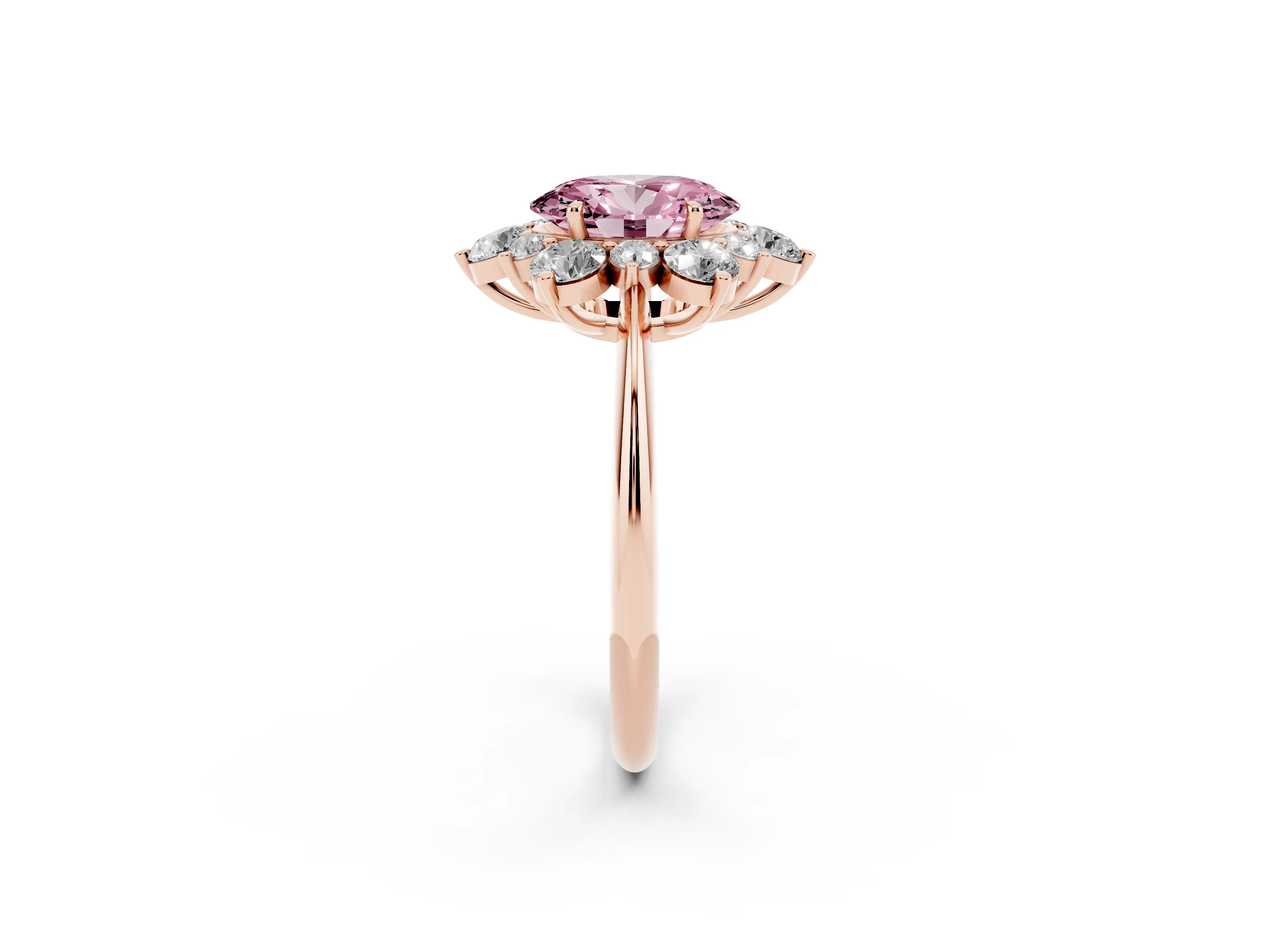 Fancy Pink Oval Cut Diamond Cluster Halo Ring Set in Rose gold with Solitaire Band and Prong Setting