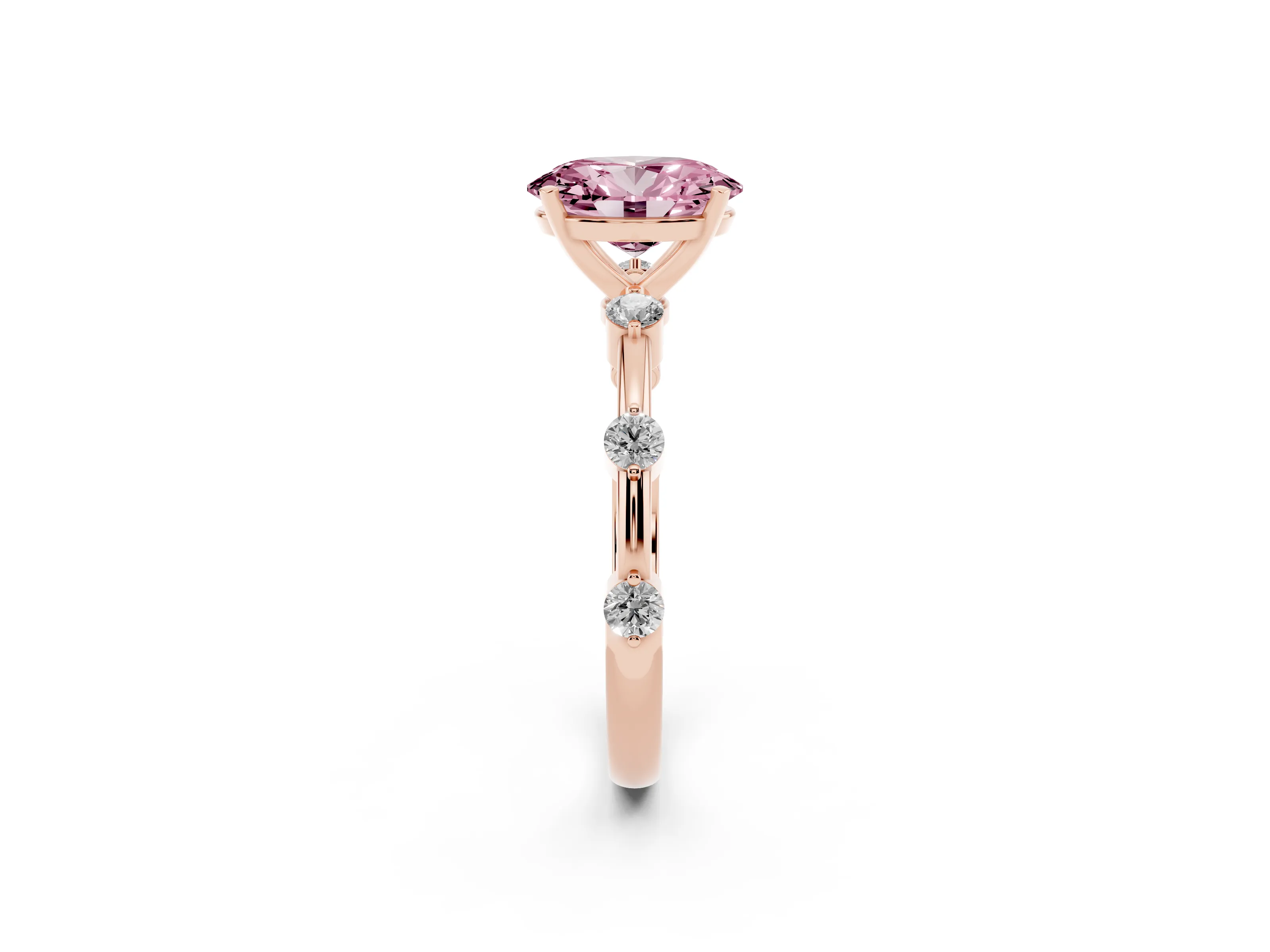 Fancy Pink Oval Cut Diamond Solitaire Ring Set in Rose gold with Bezel Set Side Stones and Prong Setting