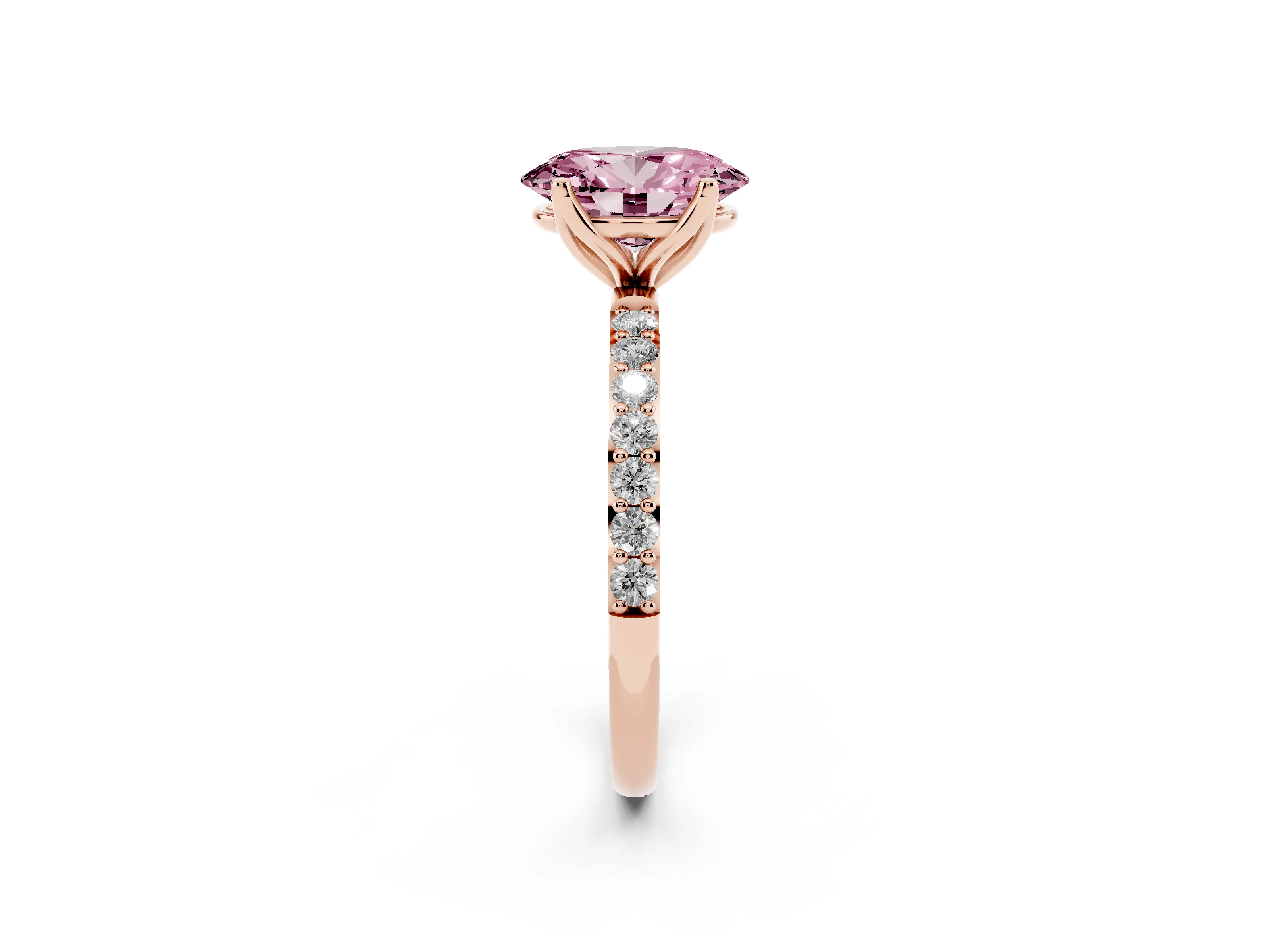 Fancy Pink Oval Cut Diamond Solitaire Engagement Ring Set in Rose gold with Round Pavé Band and Prong Setting