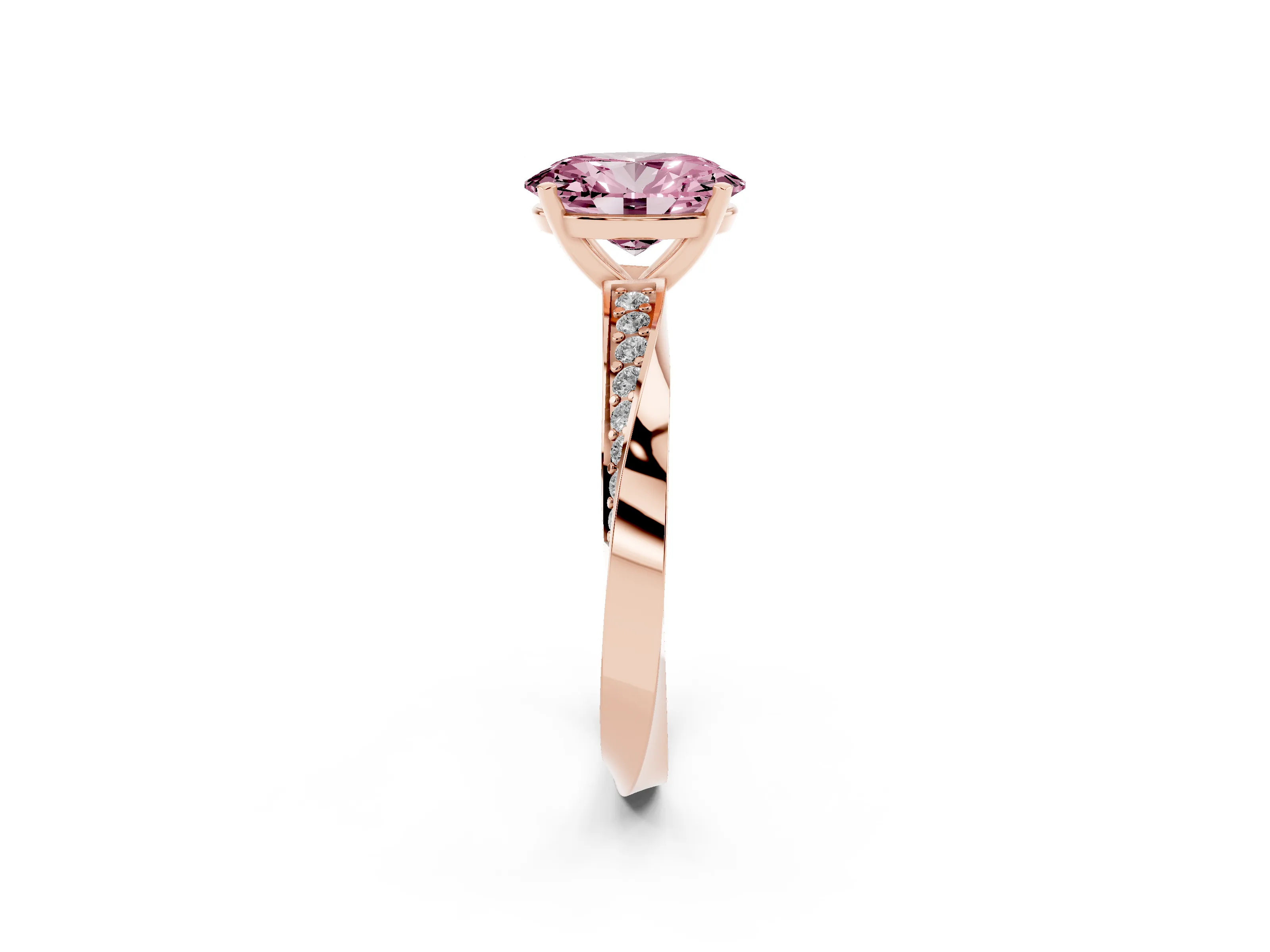 Fancy Pink Oval Cut Diamond Engagement Ring Set in Rose gold with Side Stone Accents and Prong Setting