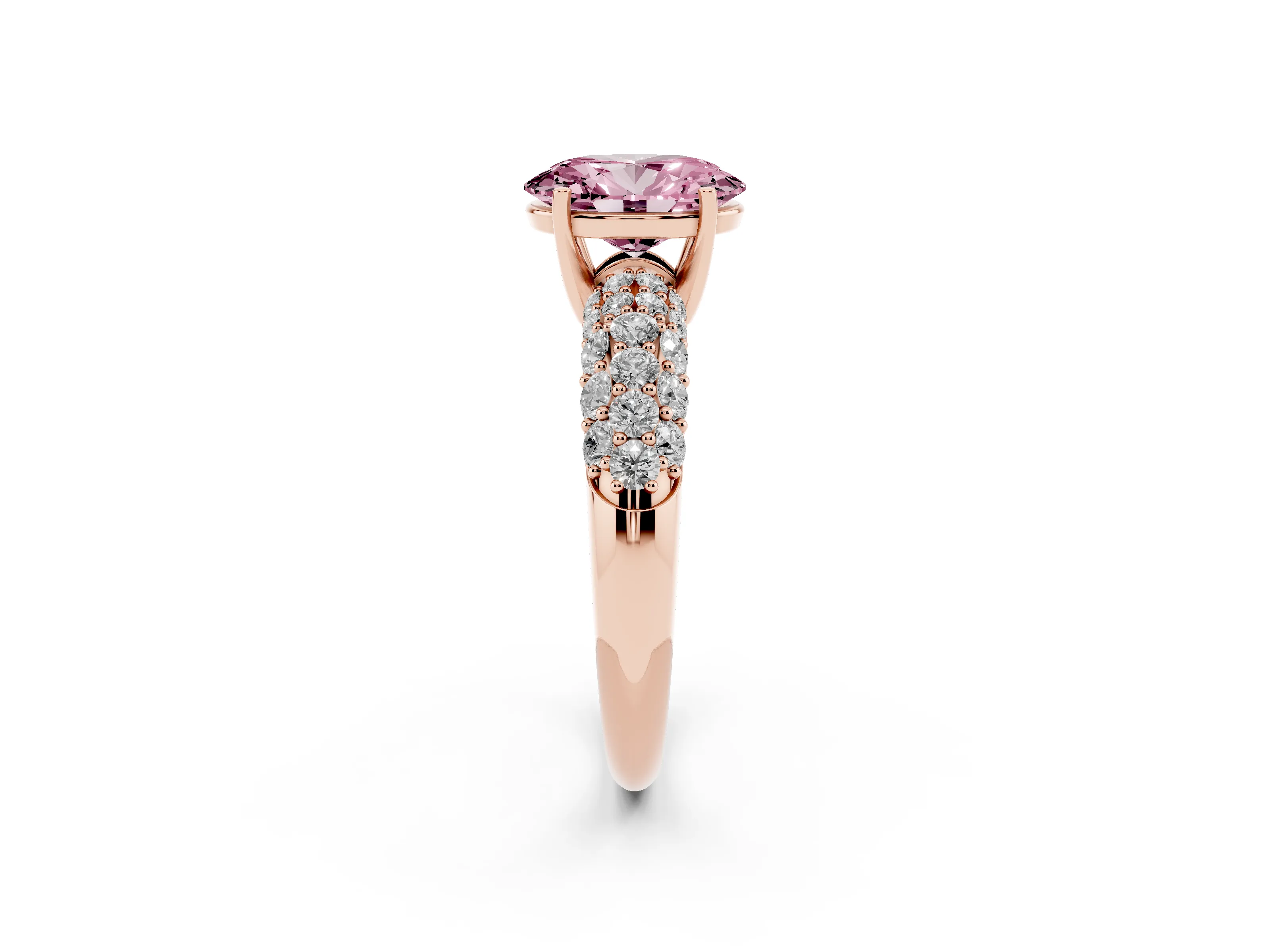 Fancy Pink Oval Cut Diamond Pavé Band Solitaire Ring Set in Rose gold with Close-Set Accent Stones and Prong Setting