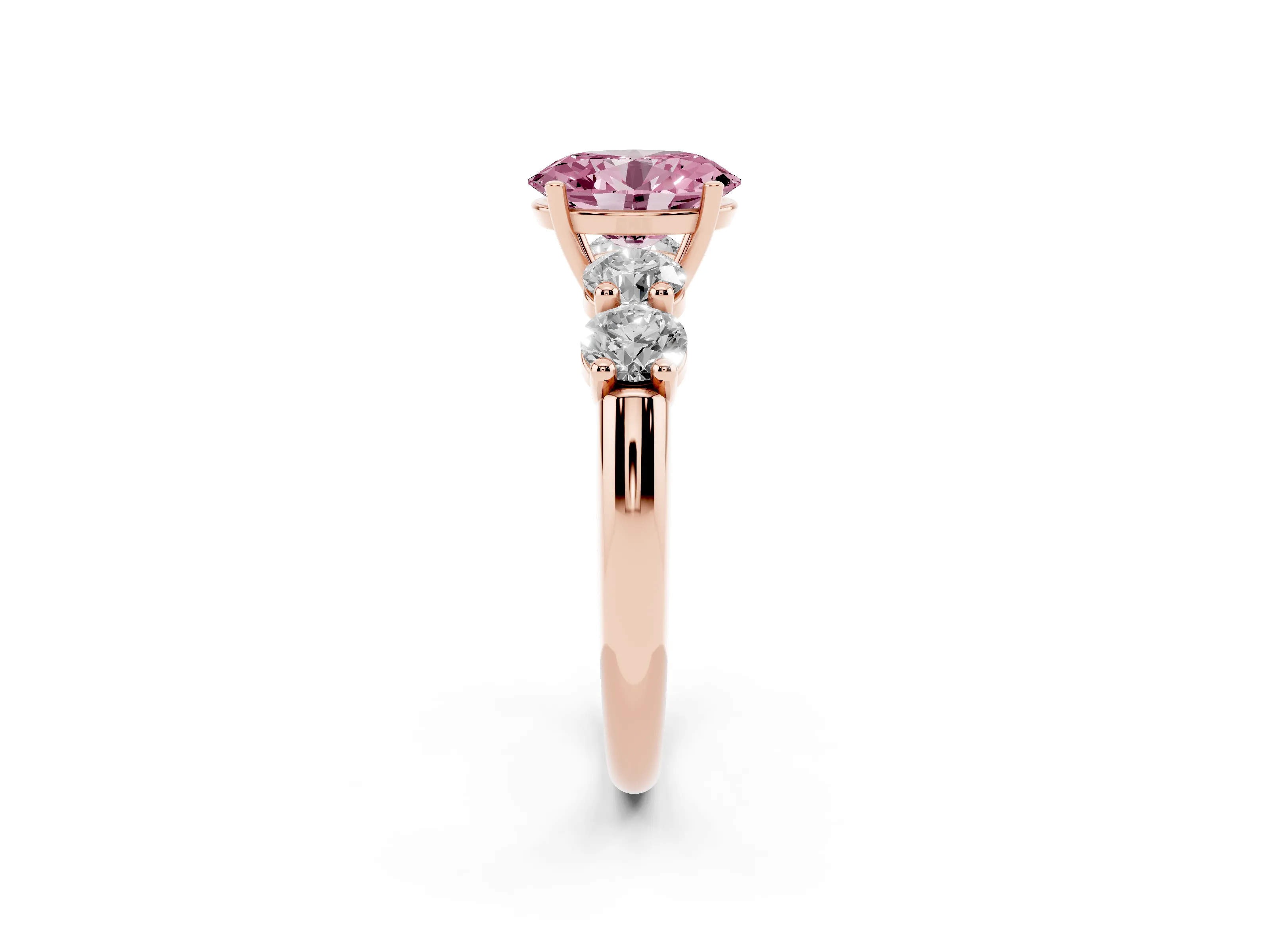 Fancy Pink Oval Cut Diamond Five-Stone Prong Set Ring Set in Rose gold with Classic Band