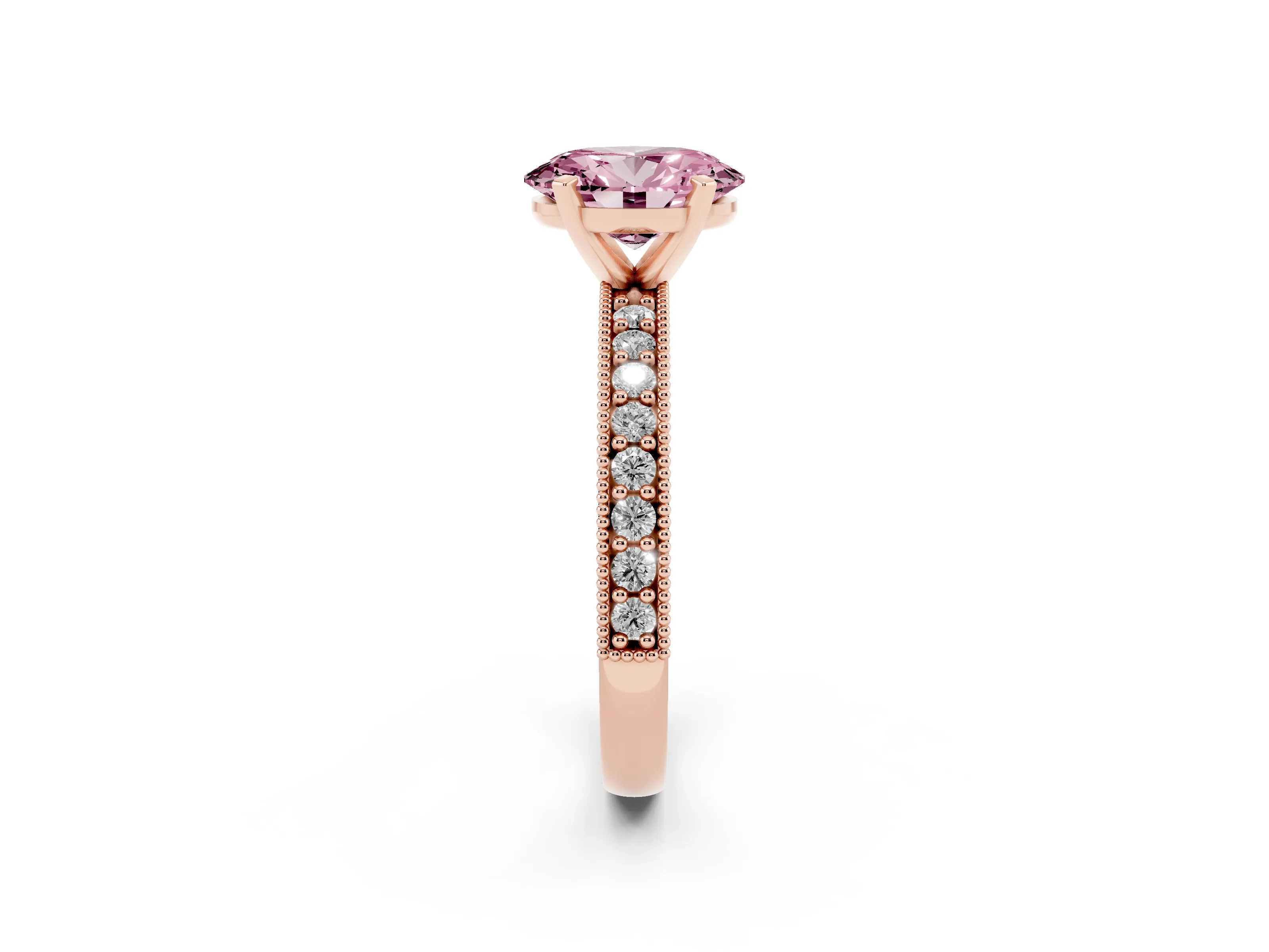 Fancy Pink Oval Cut Diamond Milgrain Pavé Engagement Ring Set in Rose gold with Prong Setting