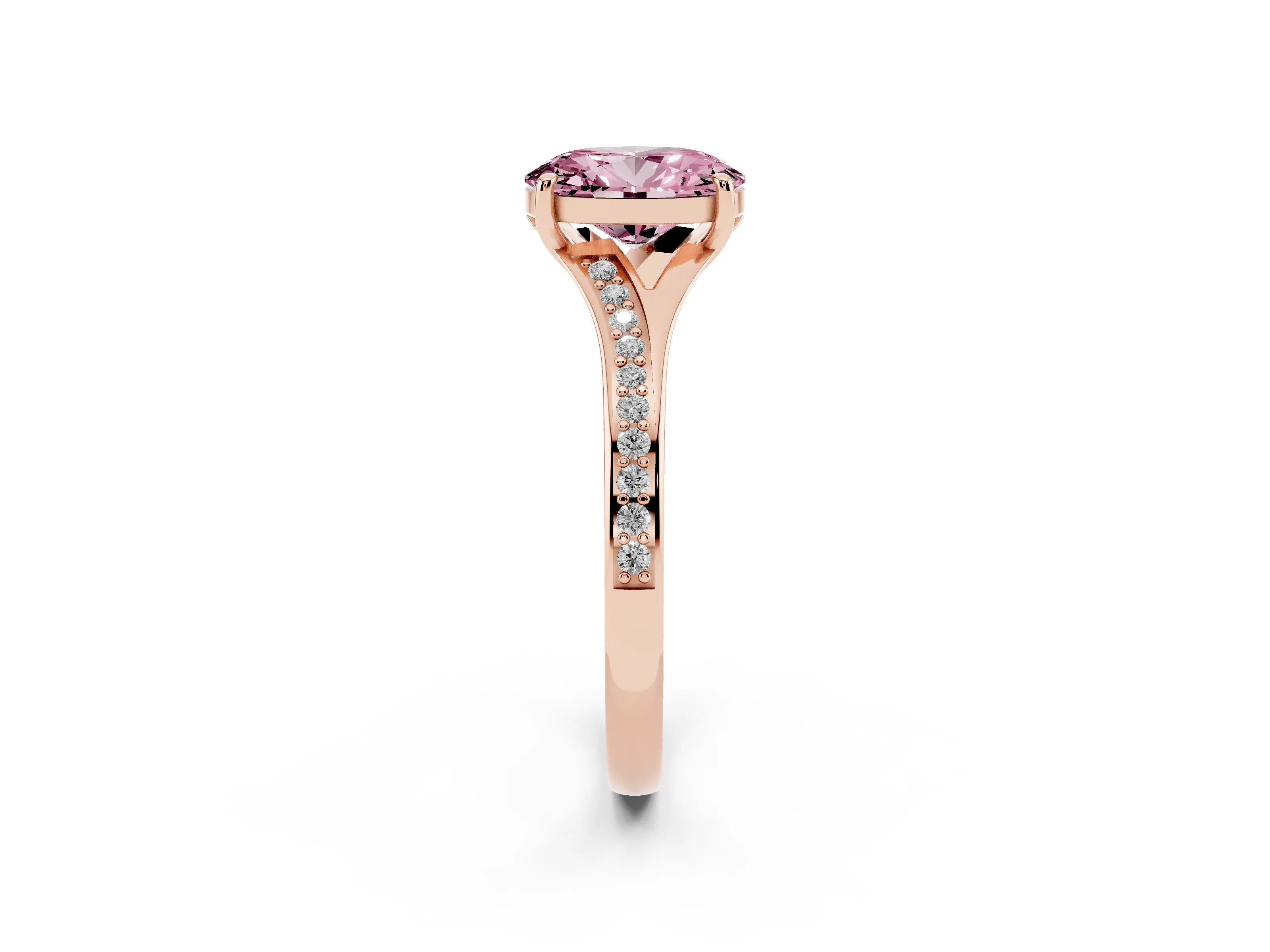 Fancy Pink Oval Cut Diamond Solitaire Ring Set in Rose gold with Pavé Accent Band and Classic Prong Setting
