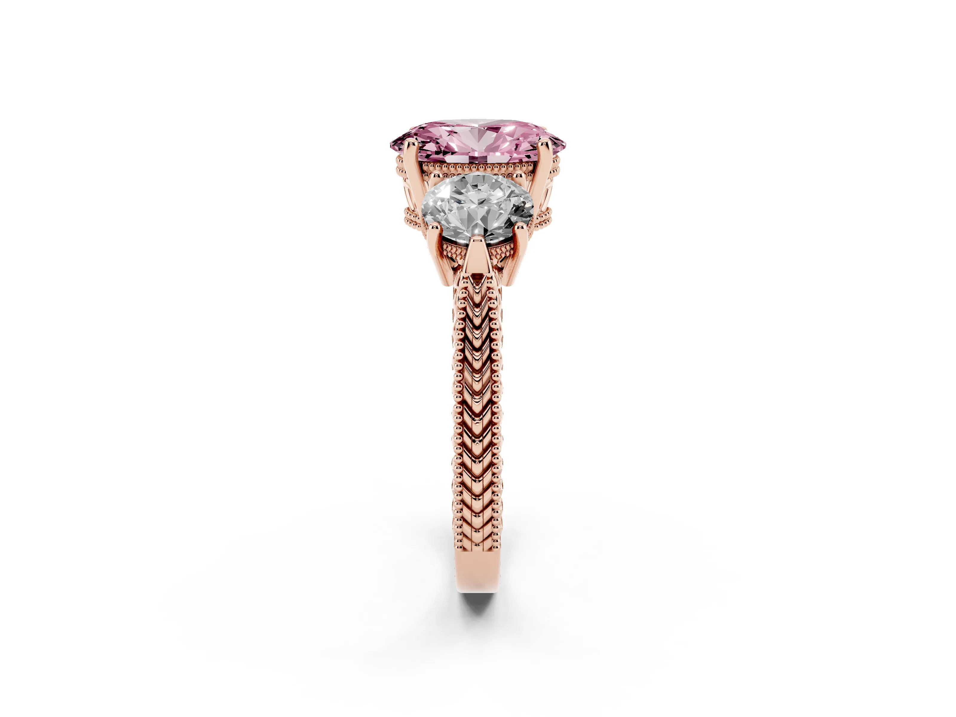 Fancy Pink Oval Cut Diamond Three-Stone Ring Set in Rose gold with Milgrain Band