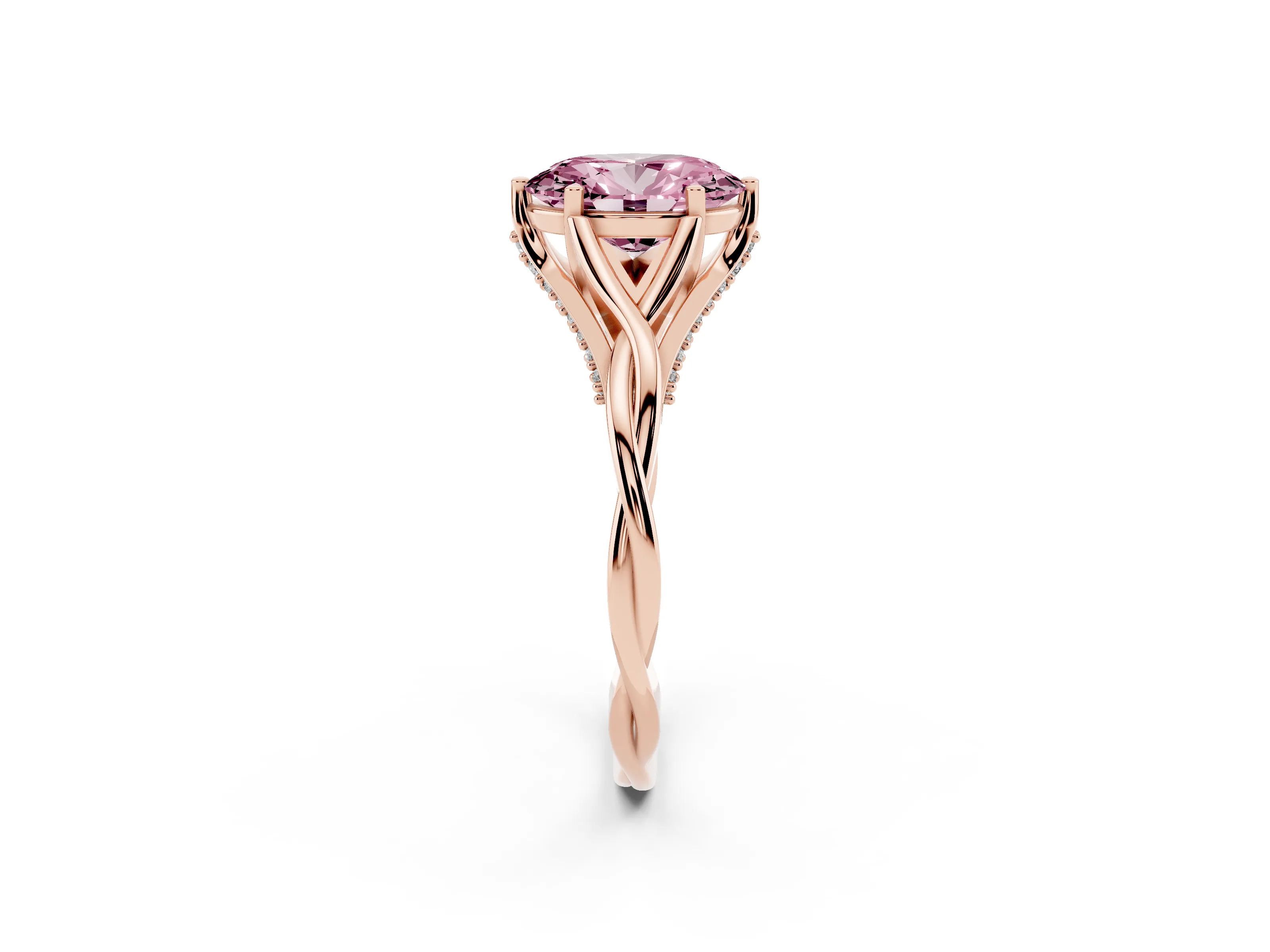 Fancy Pink Oval Cut Diamond Intertwined Twist Band Solitaire Ring Set in Rose gold with Prong Setting