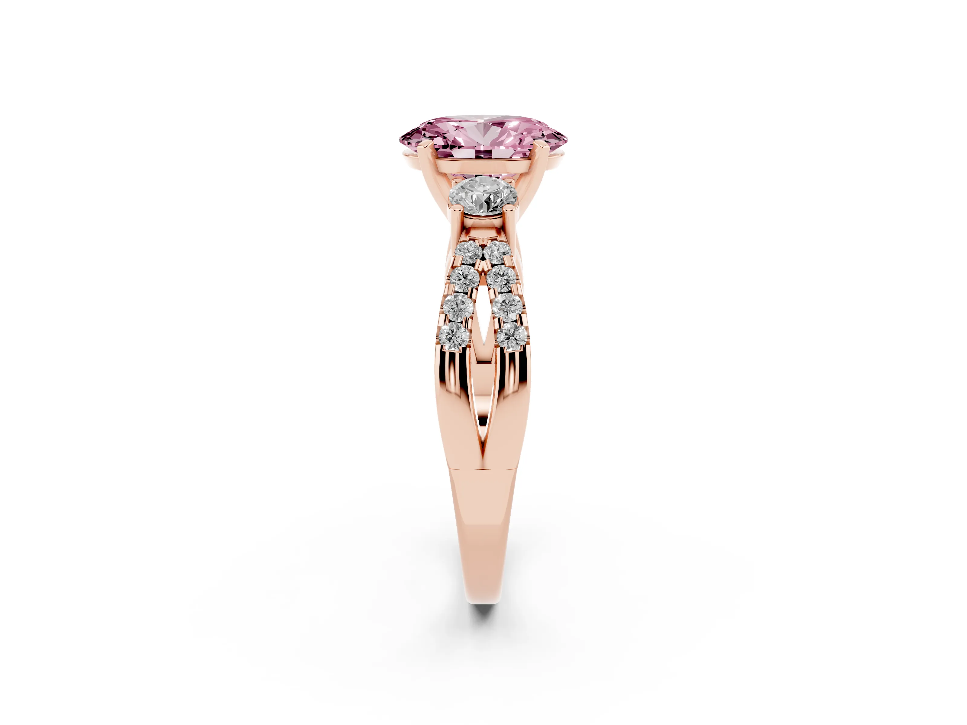 Fancy Pink Oval Cut Diamond Three-Stone Ring Set in Rose gold with Pavé Split Shank and Prong Setting