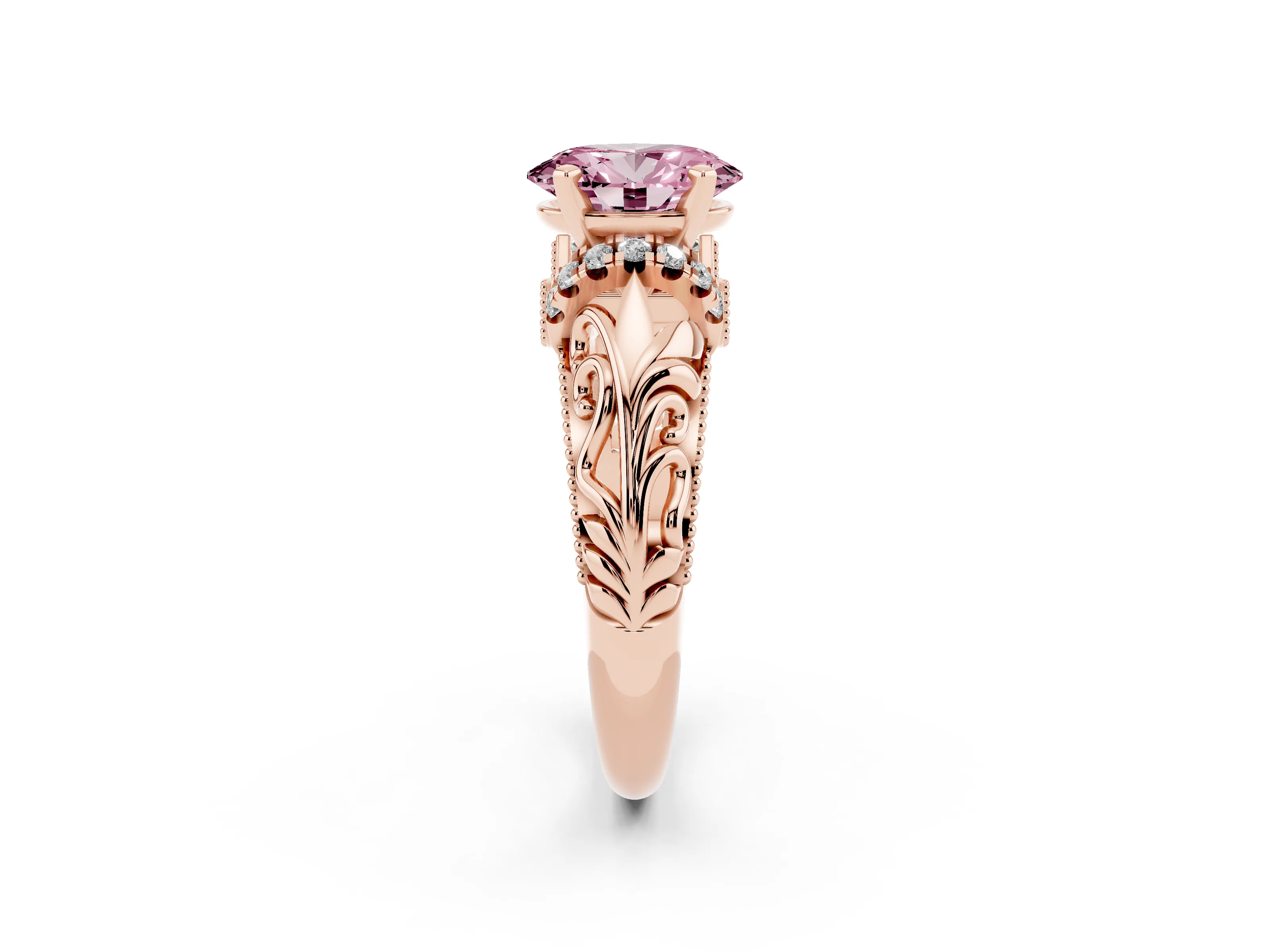 Fancy Pink Oval Cut Diamond Filigree Halo Engagement Ring Set in Rose gold with Prong Setting