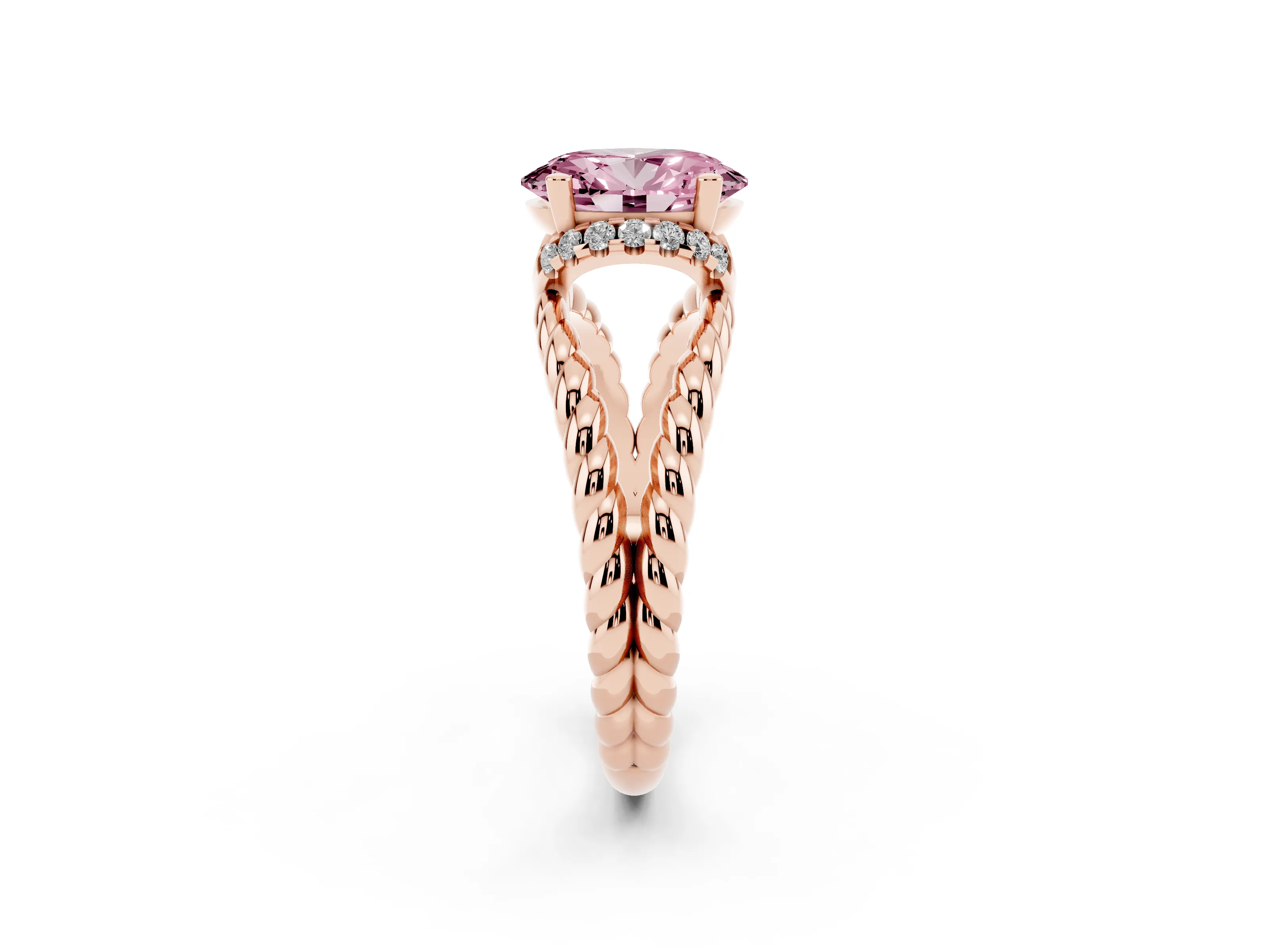 Fancy Pink Oval Cut Diamond Halo Ring Set in Rose gold with Twisted Band and Prong Setting