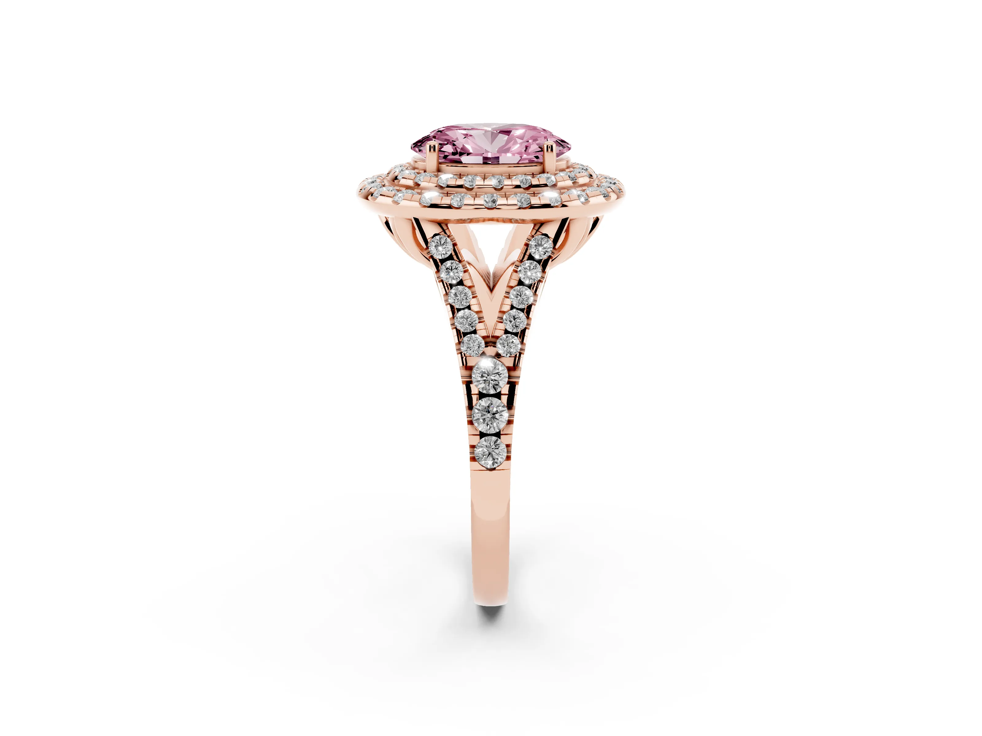 Fancy Pink Oval Cut Diamond Double Halo Ring Set in Rose gold with Pavé Split Shank and Prong Setting