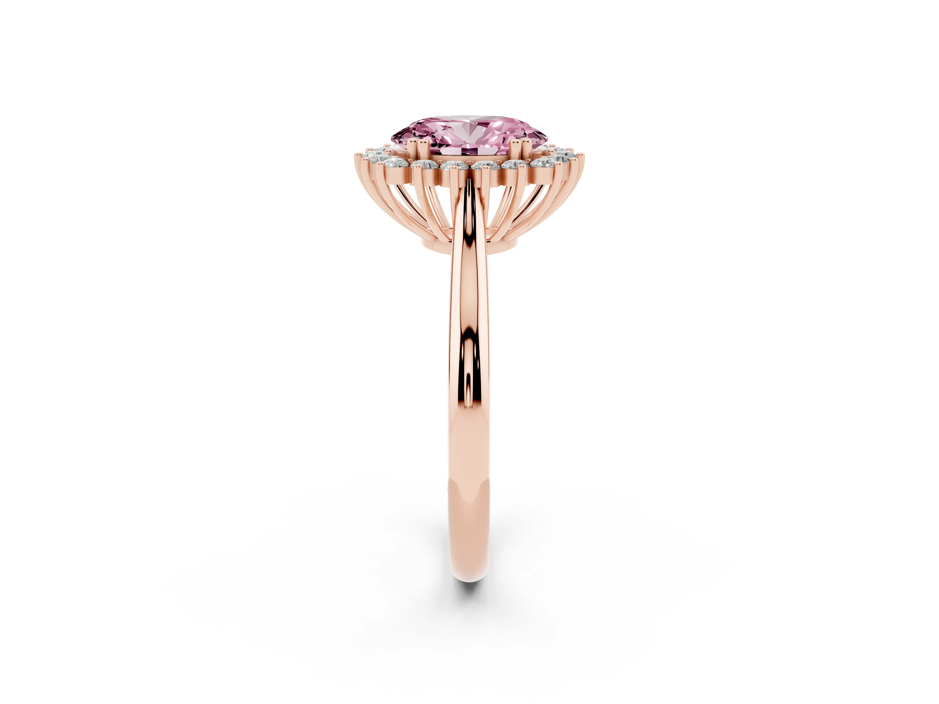 Fancy Pink Oval Cut Diamond Halo Ring Set in Rose gold with Plain Solitaire Band and Prong Setting