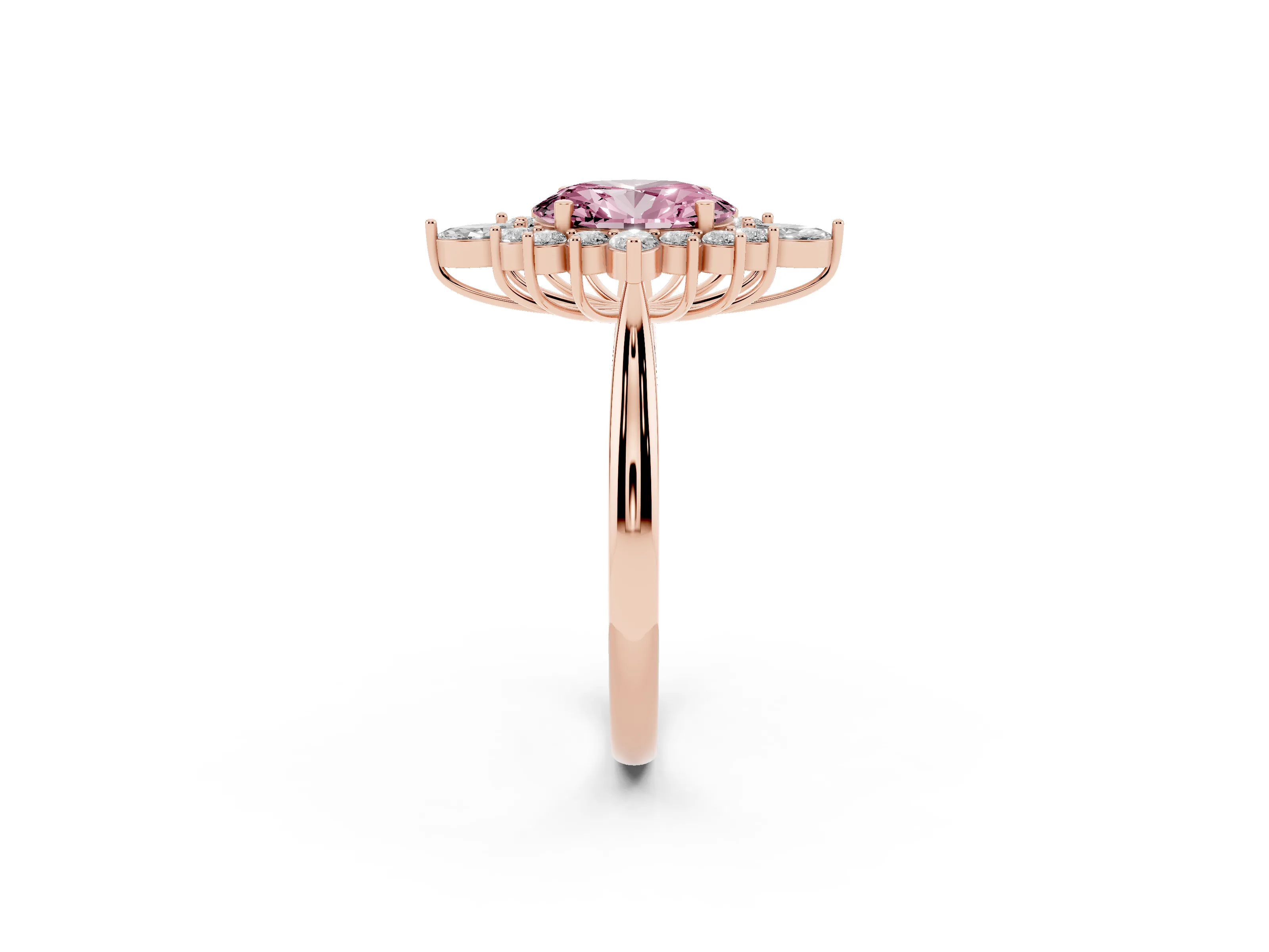 Fancy Pink Oval Cut Diamond Cluster Halo Ring Set in Rose gold with Marquise and Round Accents
