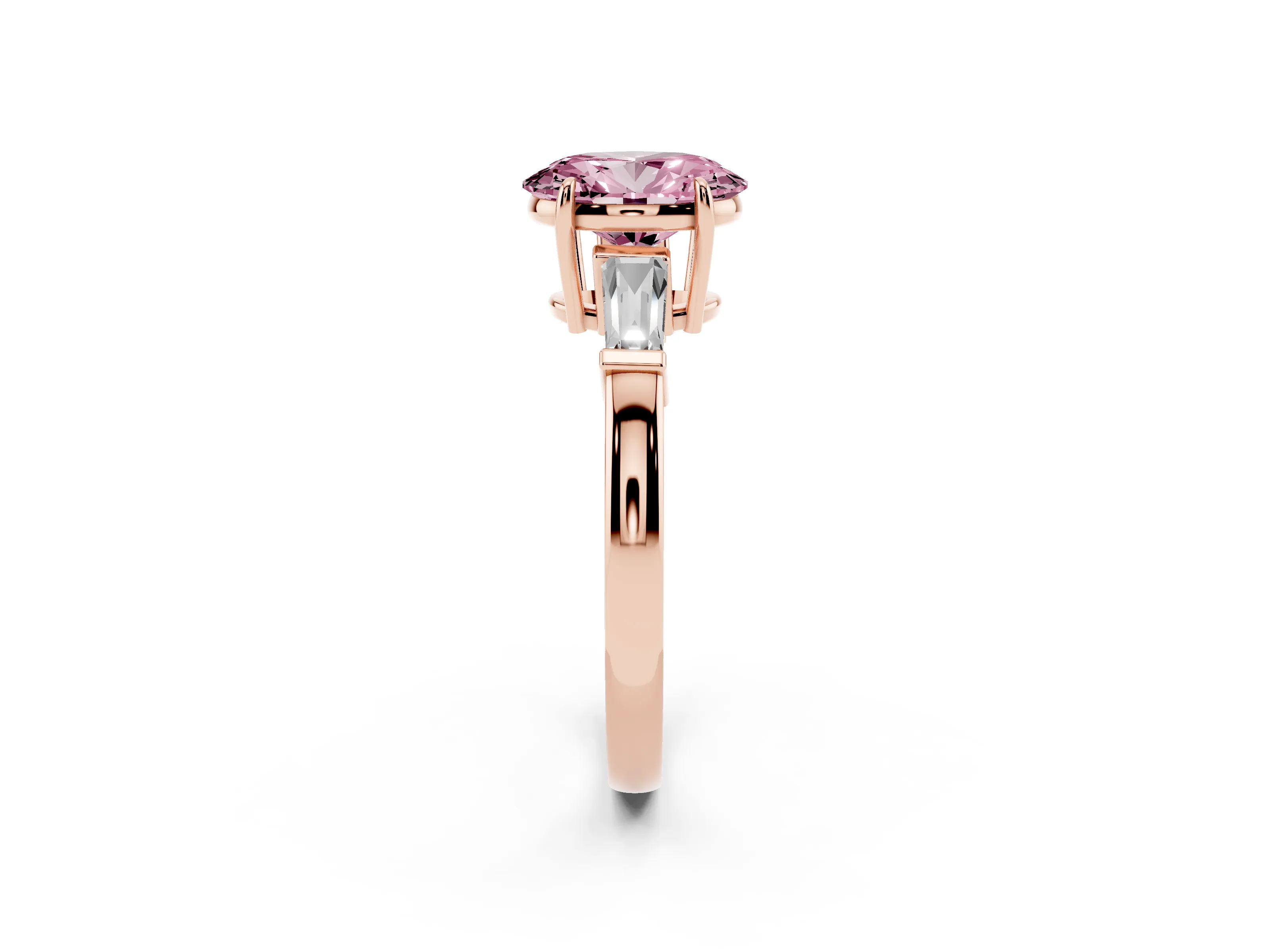 Fancy Pink Oval Cut Diamond Three-Stone Ring Set in Rose gold with Tapered Baguette Side Stones and Prong Setting