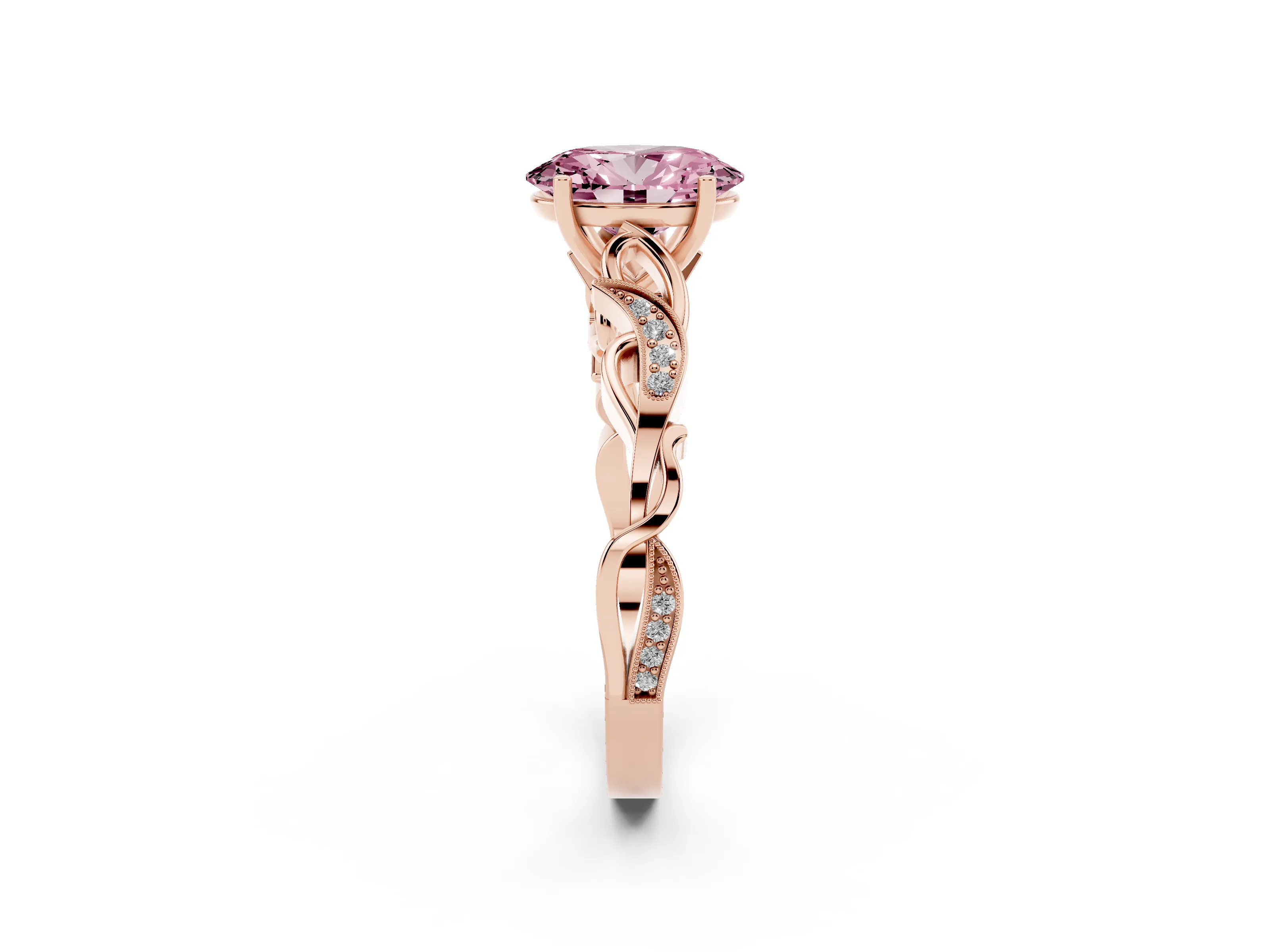 Fancy Pink Oval Cut Diamond Vine Band Solitaire Ring Set in Rose gold with Milgrain Prong Setting