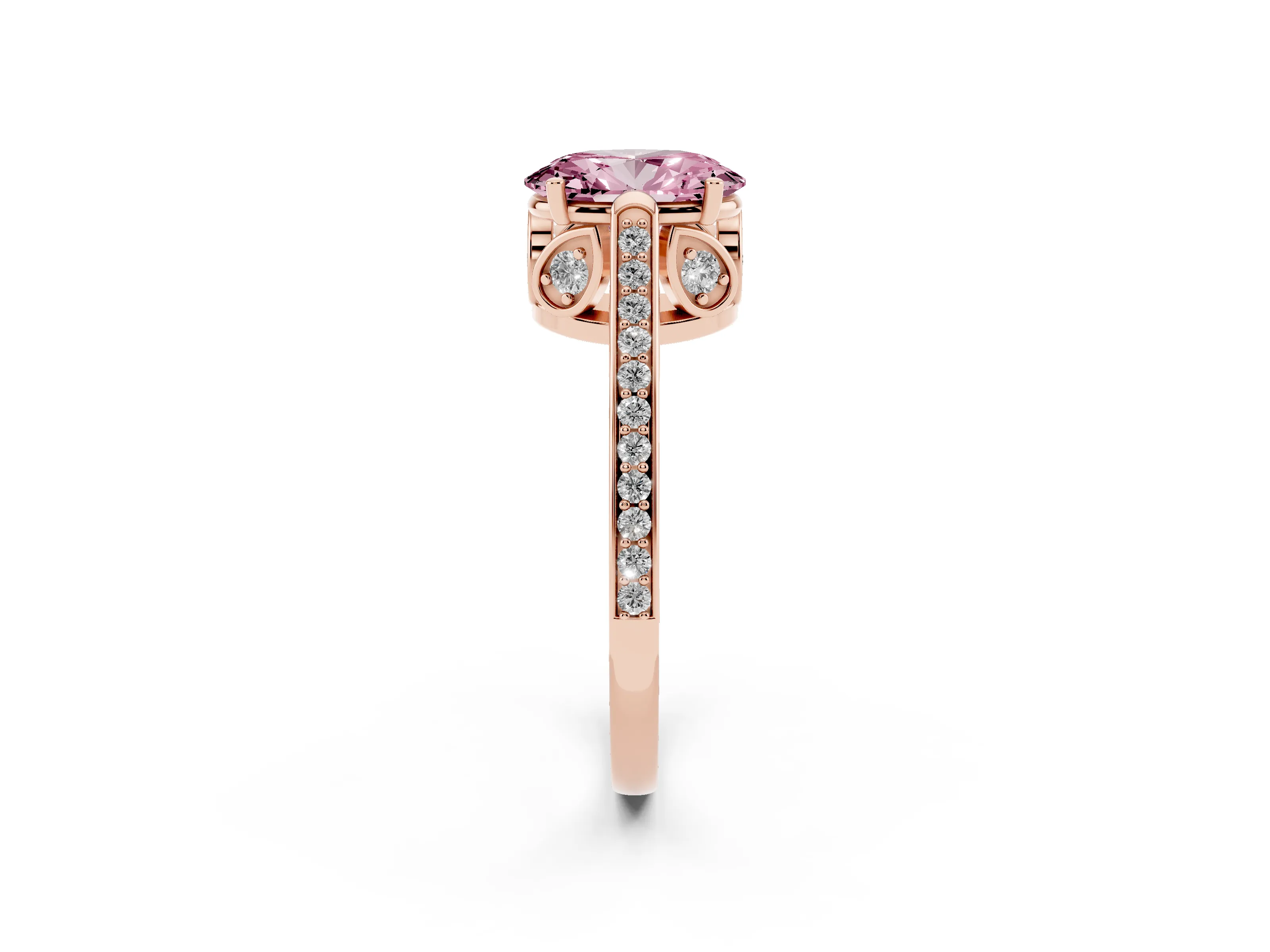 Fancy Pink Oval Cut Diamond Cathedral Pavé Engagement Ring Set in Rose gold with Prong Setting