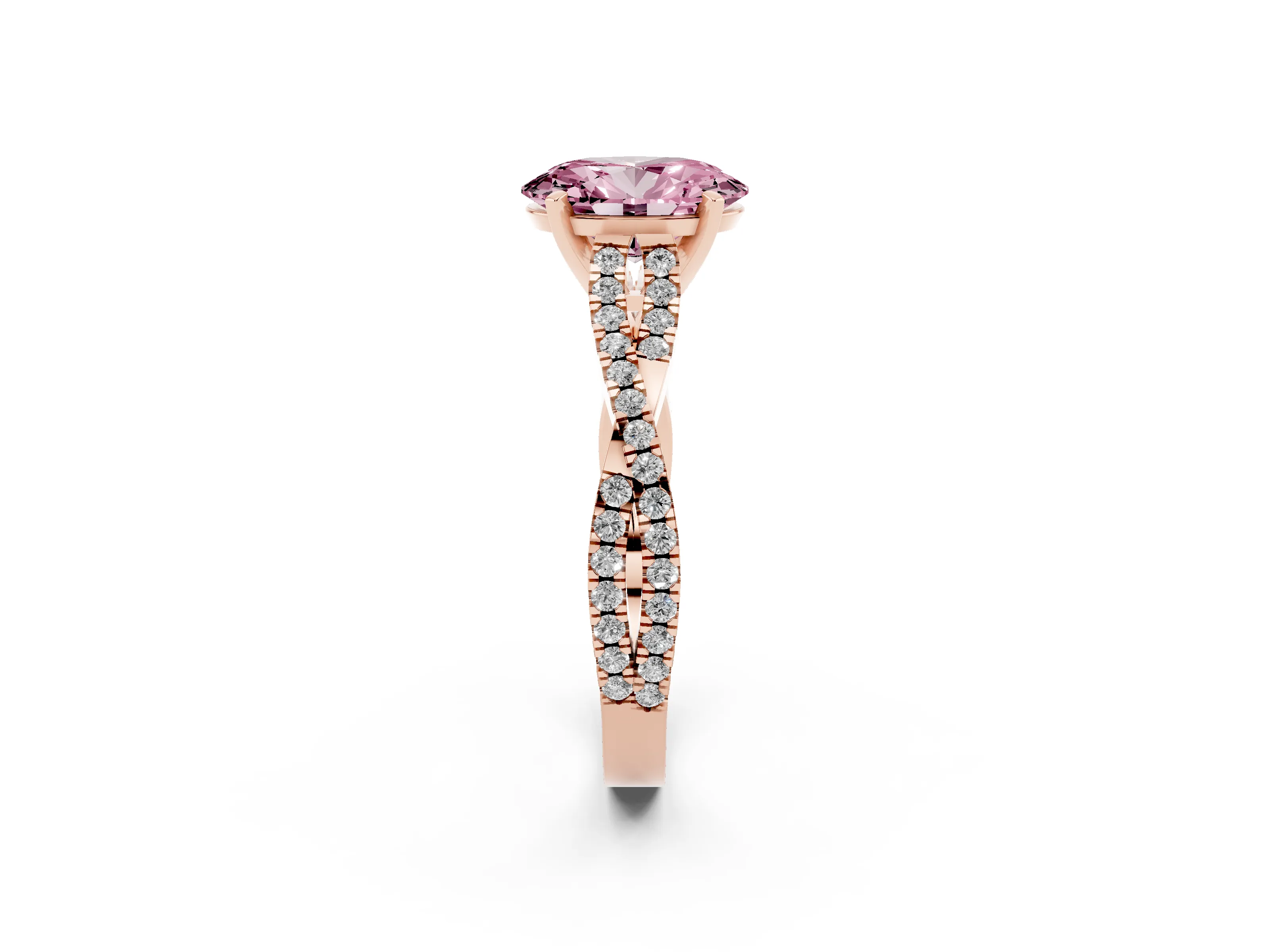Fancy Pink Oval Cut Diamond Solitaire Engagement Ring Set in Rose gold with Twisted Pavé Band and Prong Setting