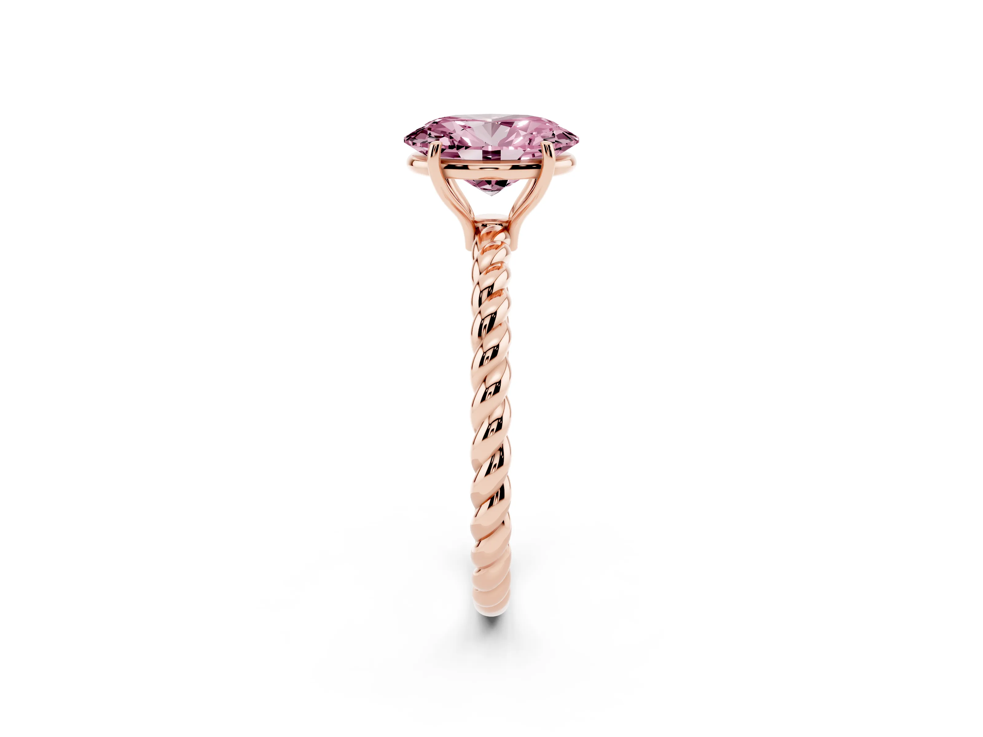 Fancy Pink Oval Cut Diamond Solitaire Ring Set in Rose gold with Twist Band and Prong Setting