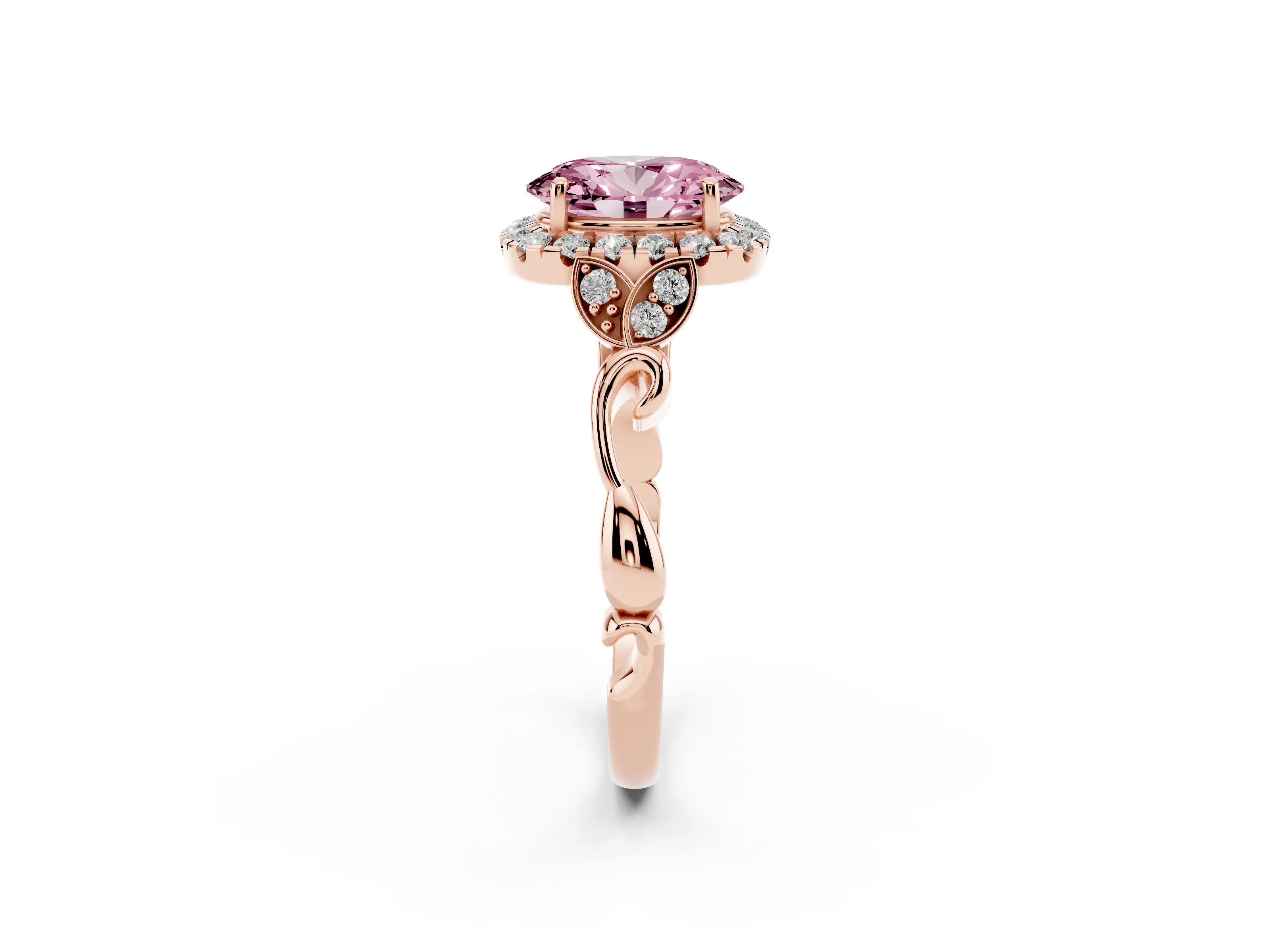 Fancy Pink Oval Cut Diamond Halo Engagement Ring Set in Rose gold with Vintage-Inspired Band and Prong Setting