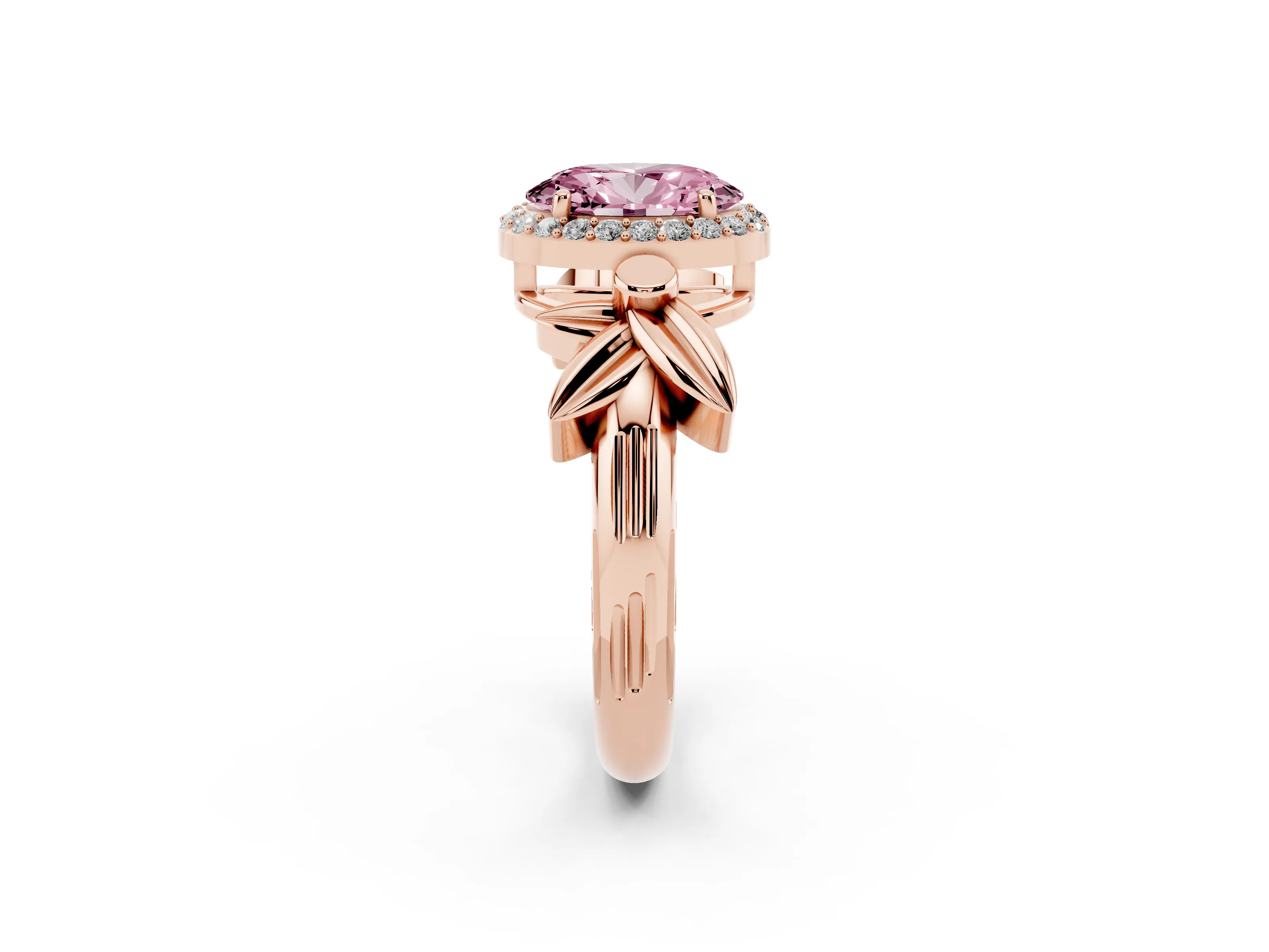 Fancy Pink Oval Cut Diamond Halo Floral Band Ring Set in Rose gold with Prong Setting