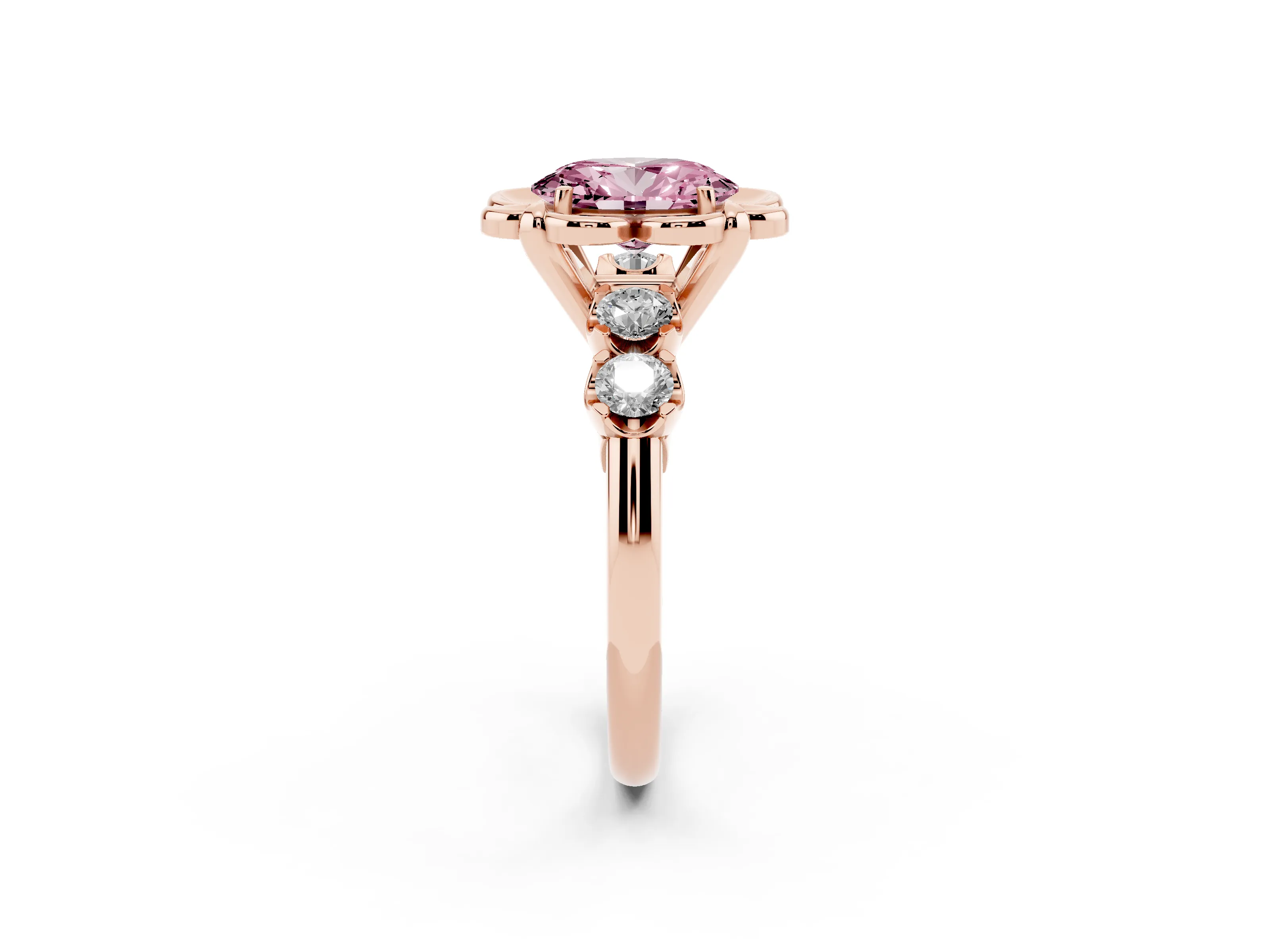 Fancy Pink Oval Cut Diamond Floral Halo Ring Set in Rose gold with Shared Prong Band