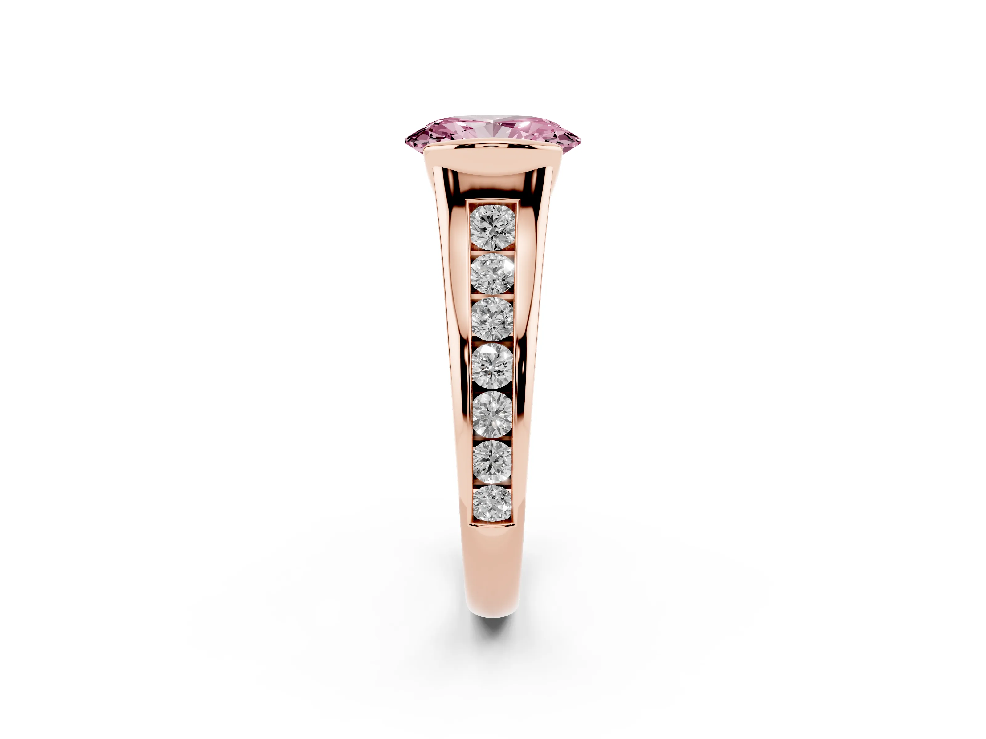 Fancy Pink Oval Cut Diamond Bezel-Set Solitaire Ring Set in Rose gold with Channel-Set Band
