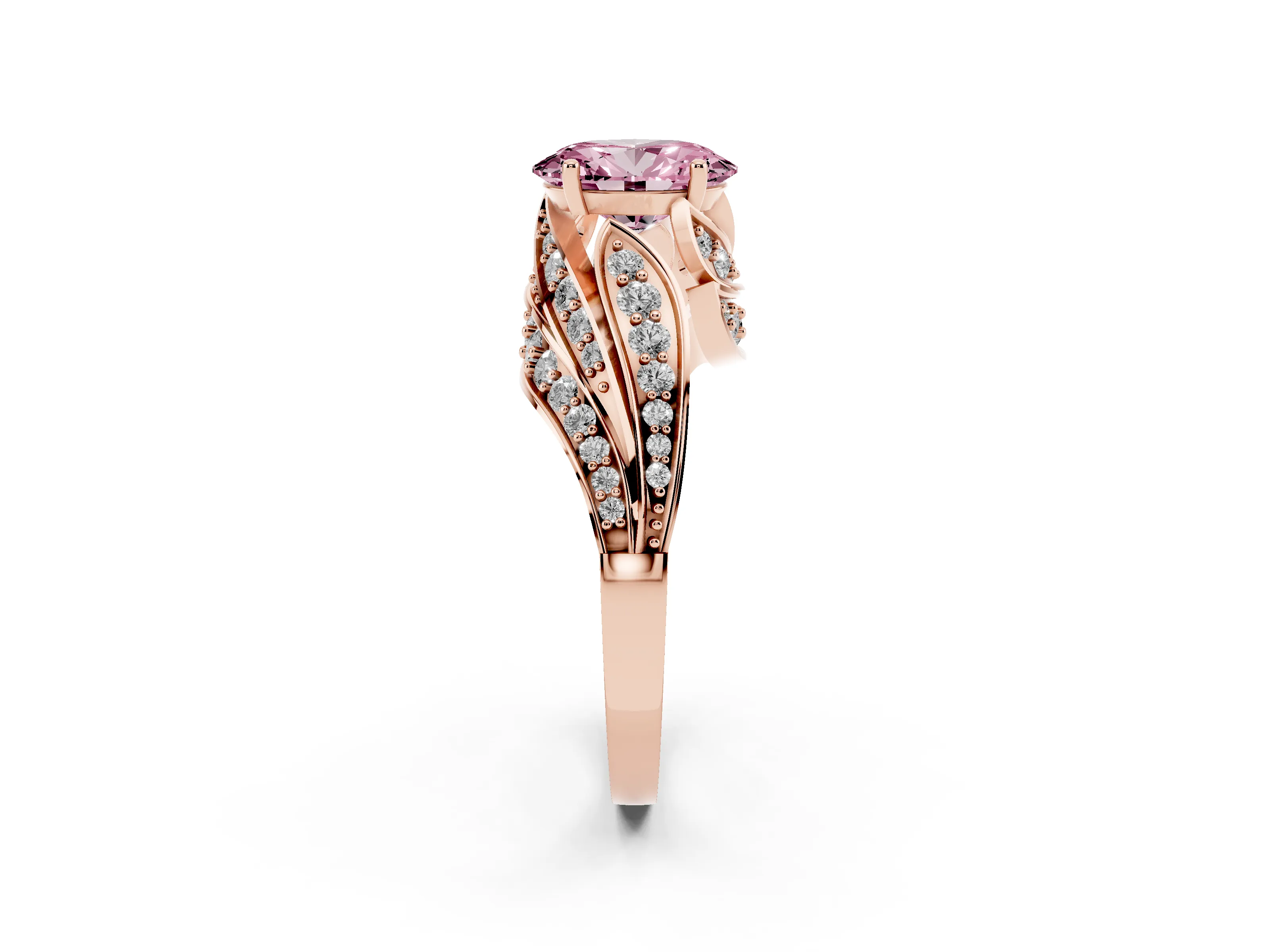Fancy Pink Oval Cut Diamond Solitaire Ring Set in Rose gold with Layered Twist Pavé Band