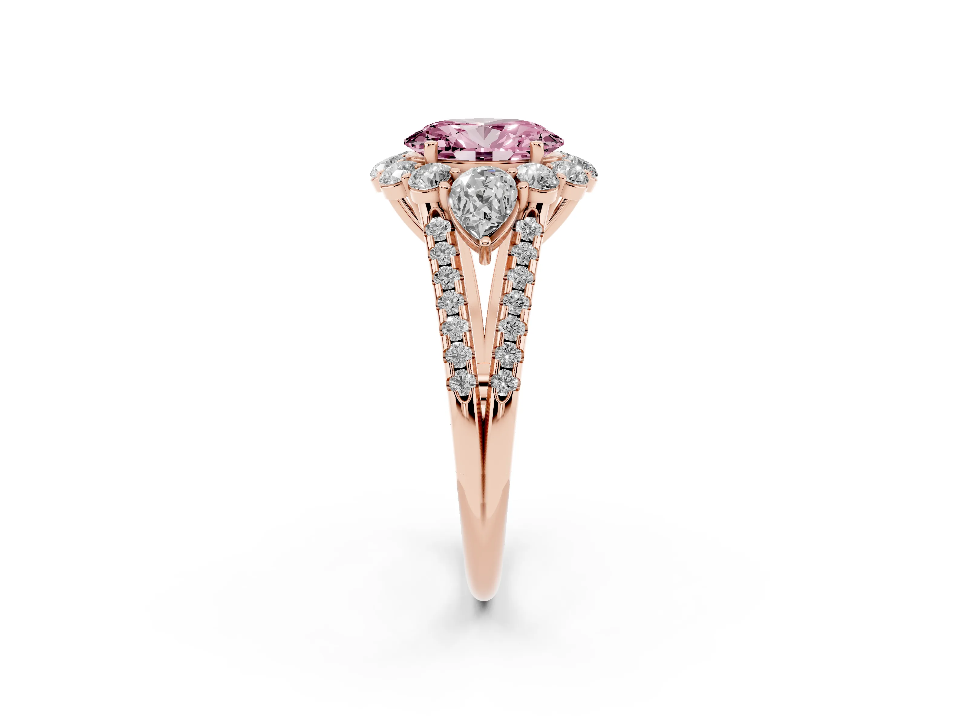 Fancy Pink Oval Cut Diamond Halo Split Shank Engagement Ring Set in Rose gold with Prong-Held Center Stone