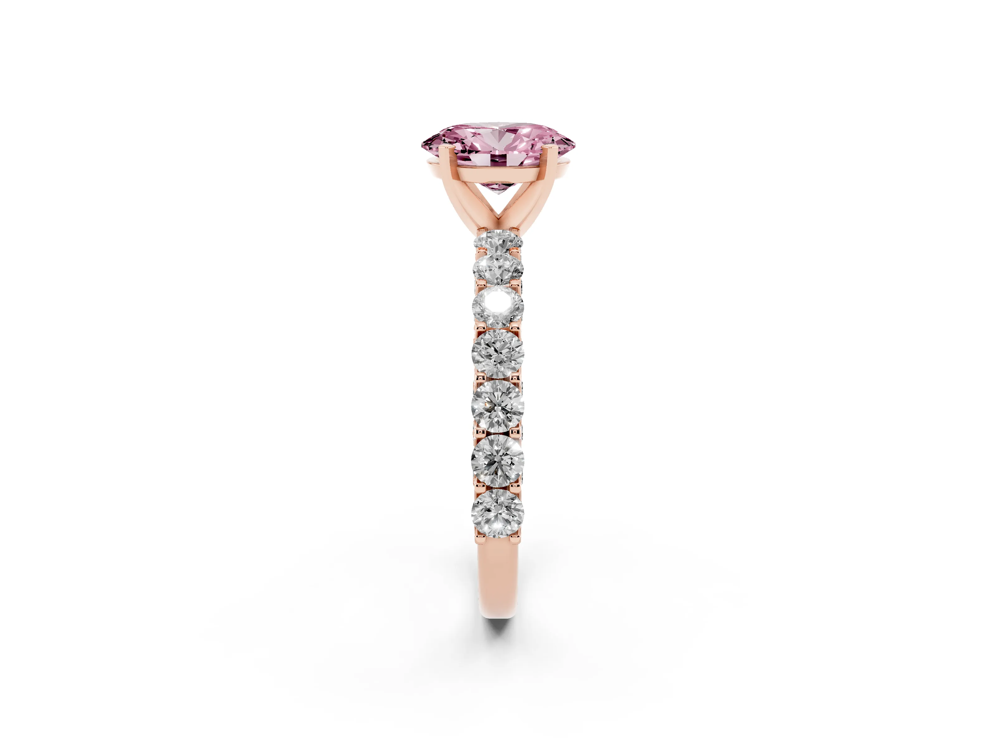 Fancy Pink Oval Cut Diamond Solitaire Ring Set in Rose gold with Shared Prong Pavé Band