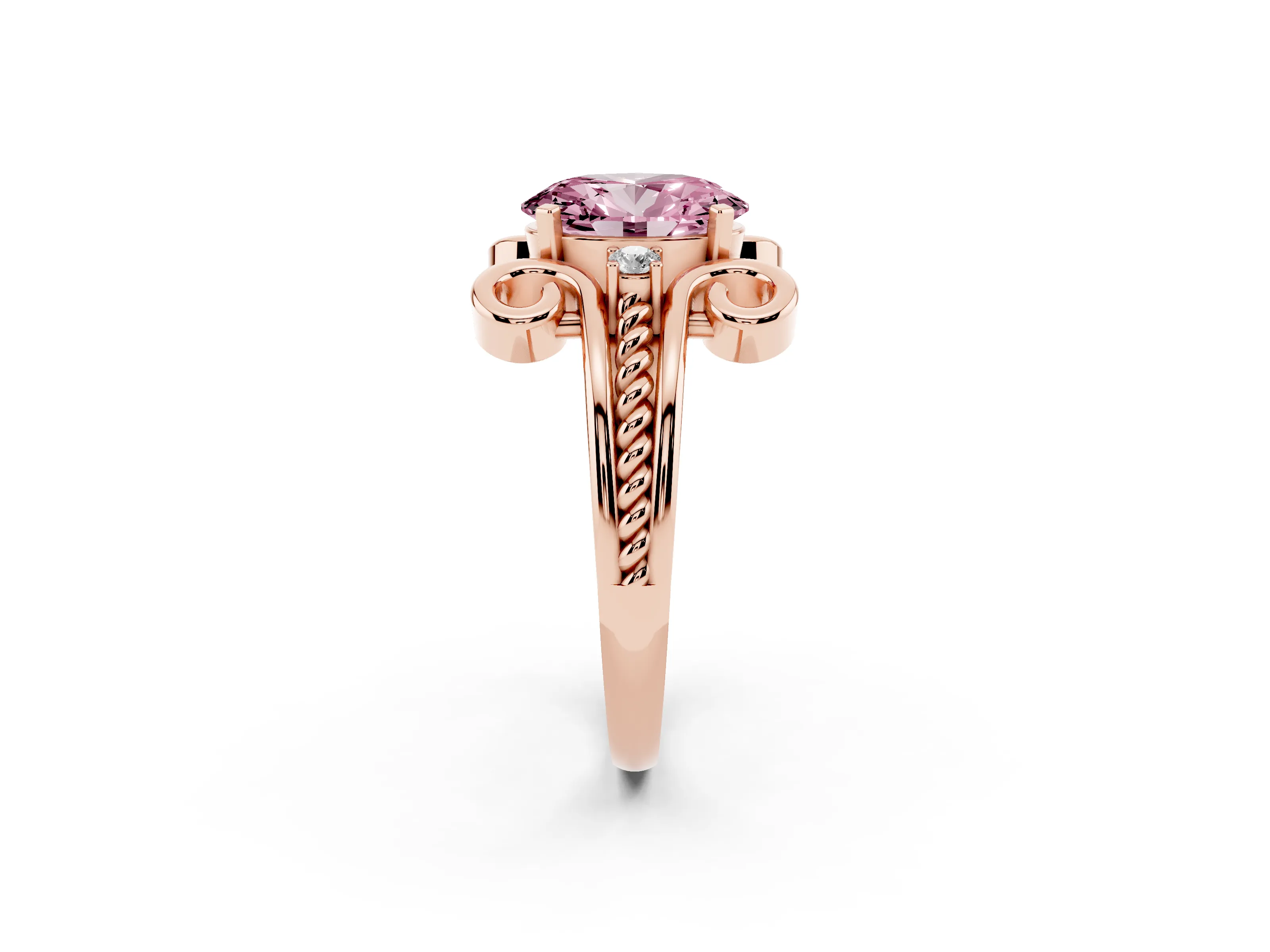Fancy Pink Oval Cut Diamond Twisted Band Solitaire Ring Set in Rose gold with Scroll Prongs