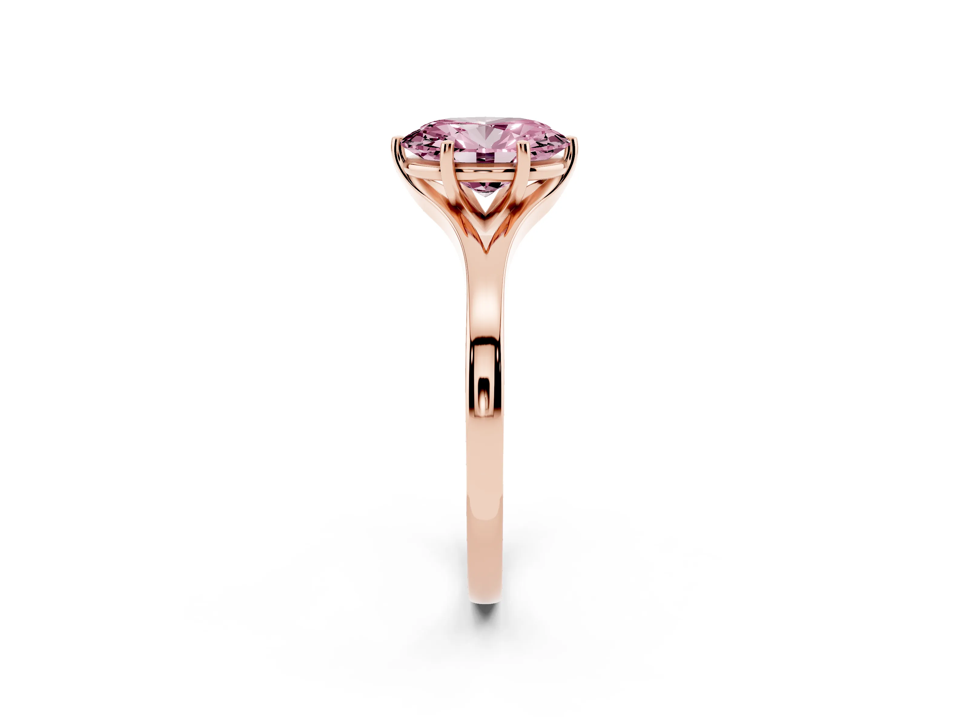 Fancy Pink Oval Cut Diamond Solitaire Ring Set in Rose gold with Polished Tapered Band and Prong Setting