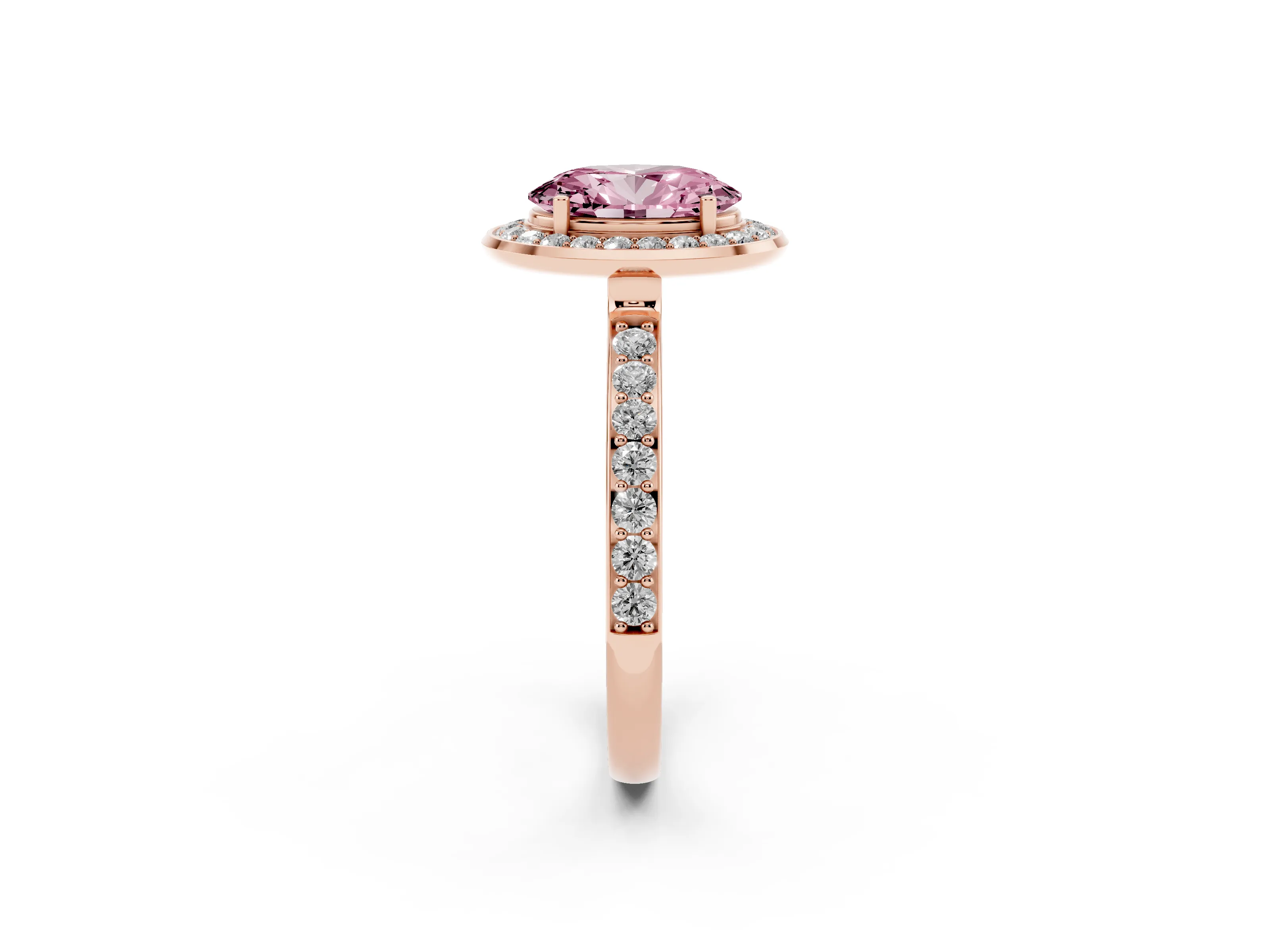 Fancy Pink Oval Cut Diamond Halo Ring Set in Rose gold with Bezel Frame and Pavé Band
