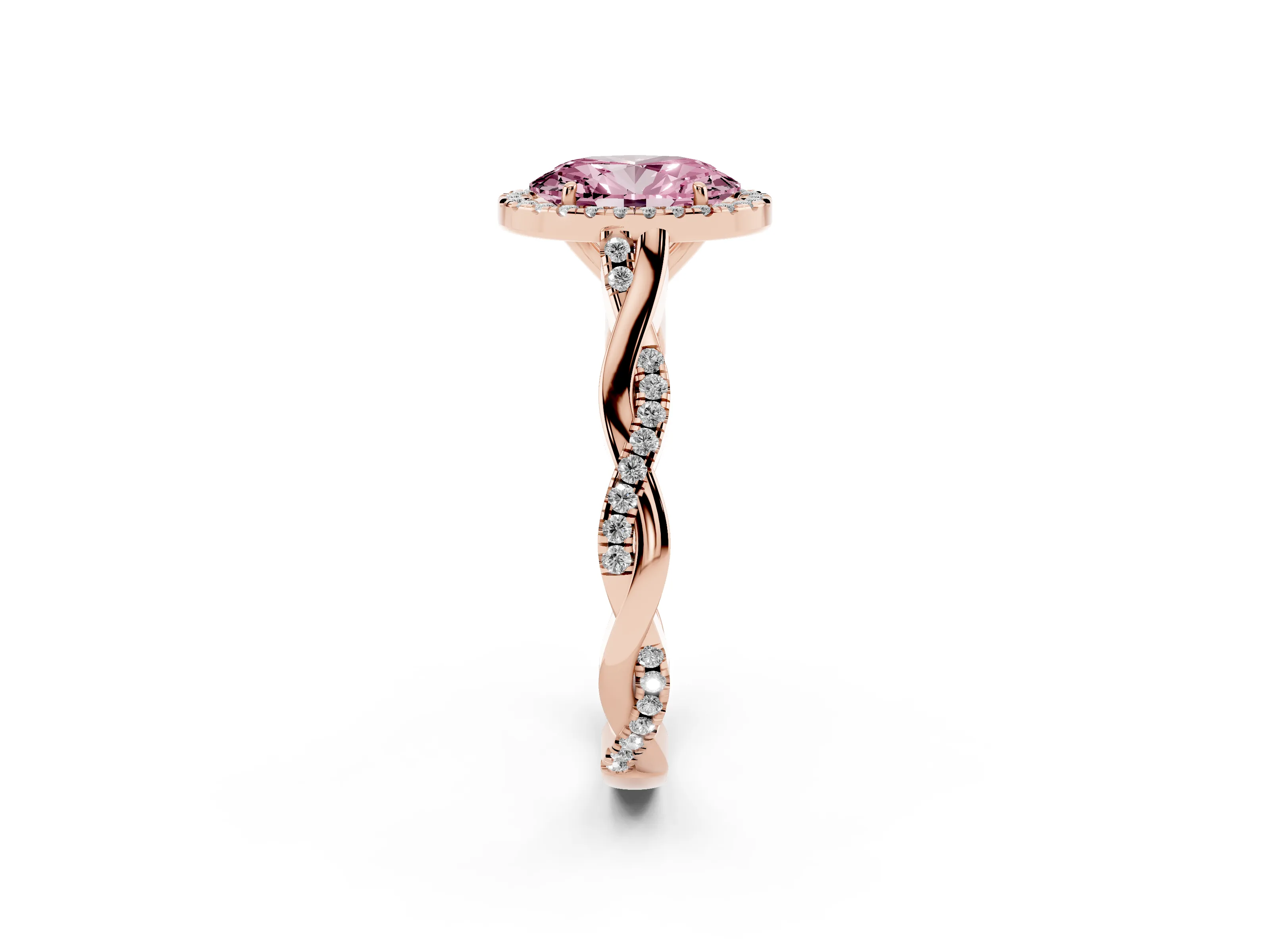 Fancy Pink Oval Cut Diamond Halo Twist Band Solitaire Ring Set in Rose gold with Prong Setting