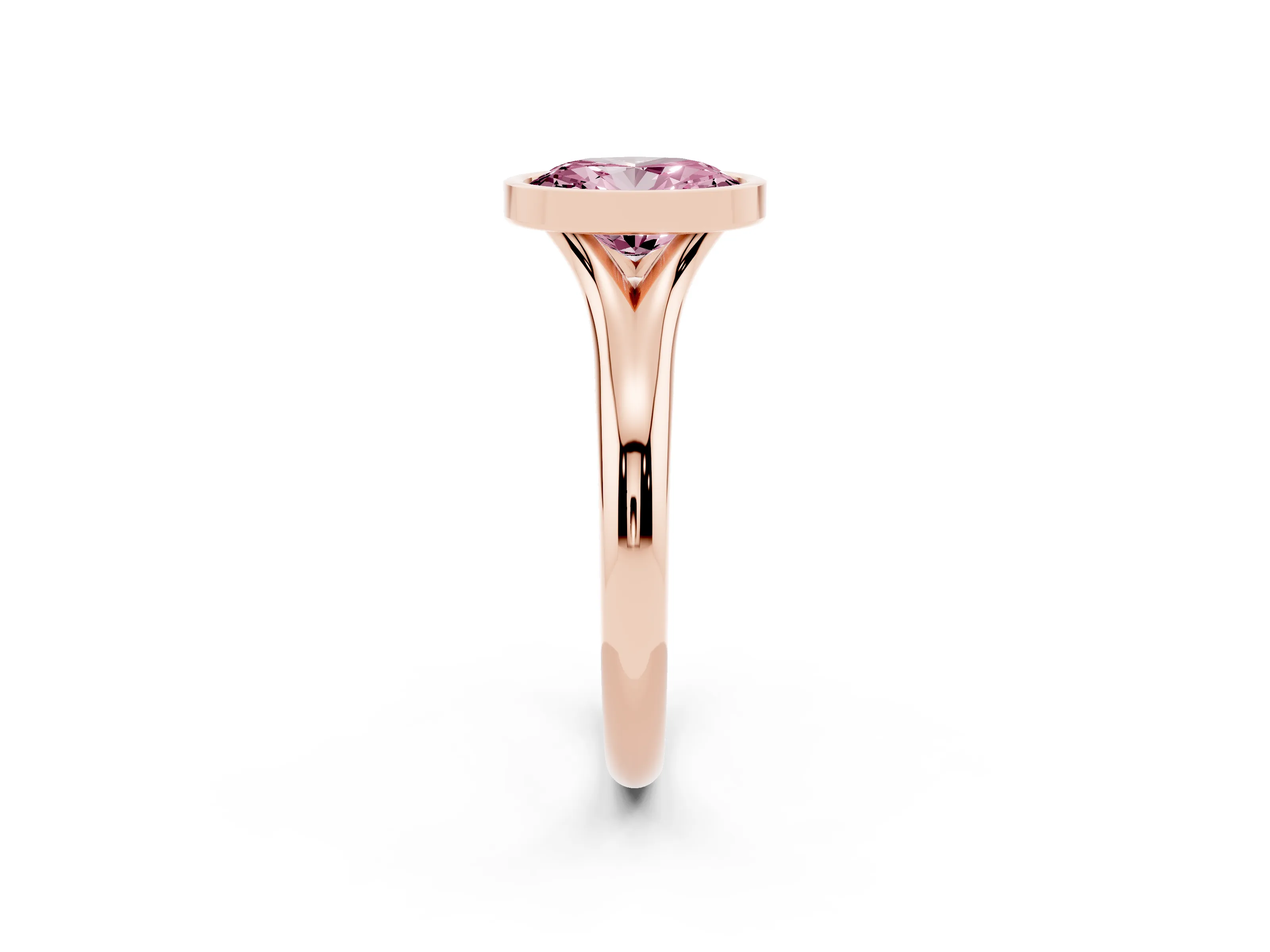 Fancy Pink Bezel Set Oval Cut Diamond Solitaire Ring Set in Rose gold with Smooth Band
