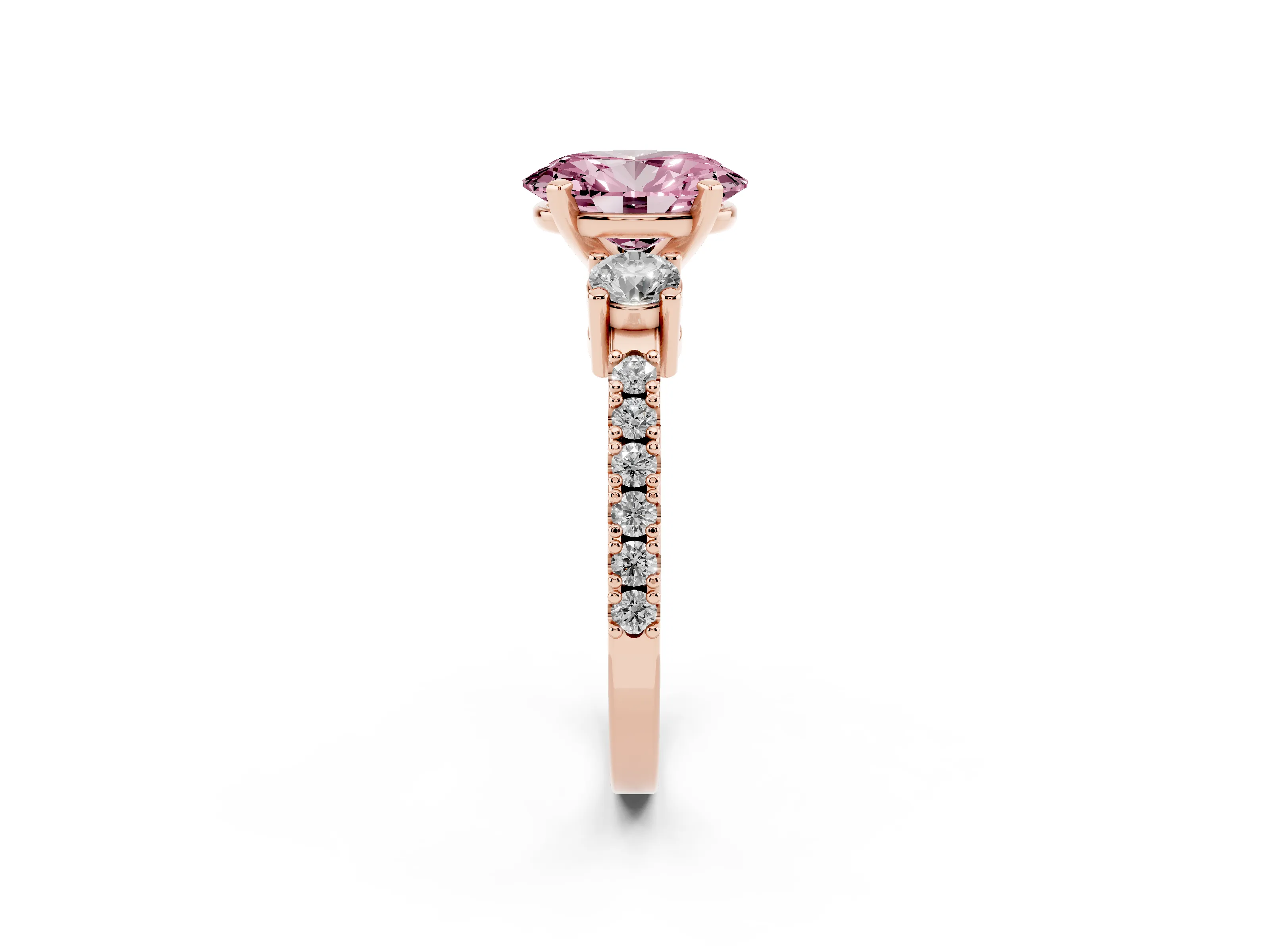 Fancy Pink Three-Stone Oval Cut Diamond Pavé Band Ring Set in Rose gold with Prong Setting